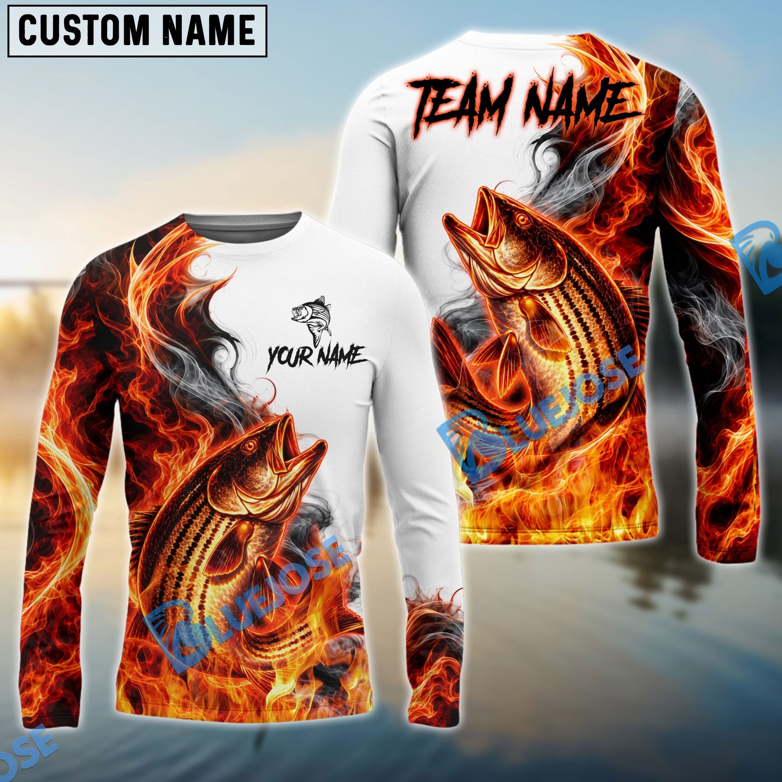 Bluejose Fishing Red Fire Flame Smoke Design Custom Name & Team Name 3D Shirts (12 Breeds)