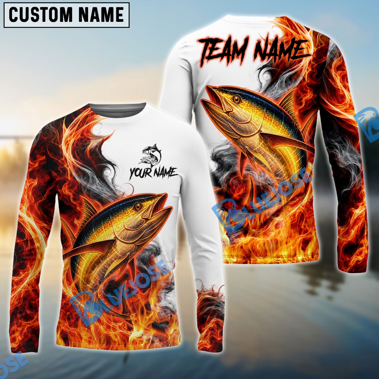 Bluejose Fishing Red Fire Flame Smoke Design Custom Name & Team Name 3D Shirts (12 Breeds)