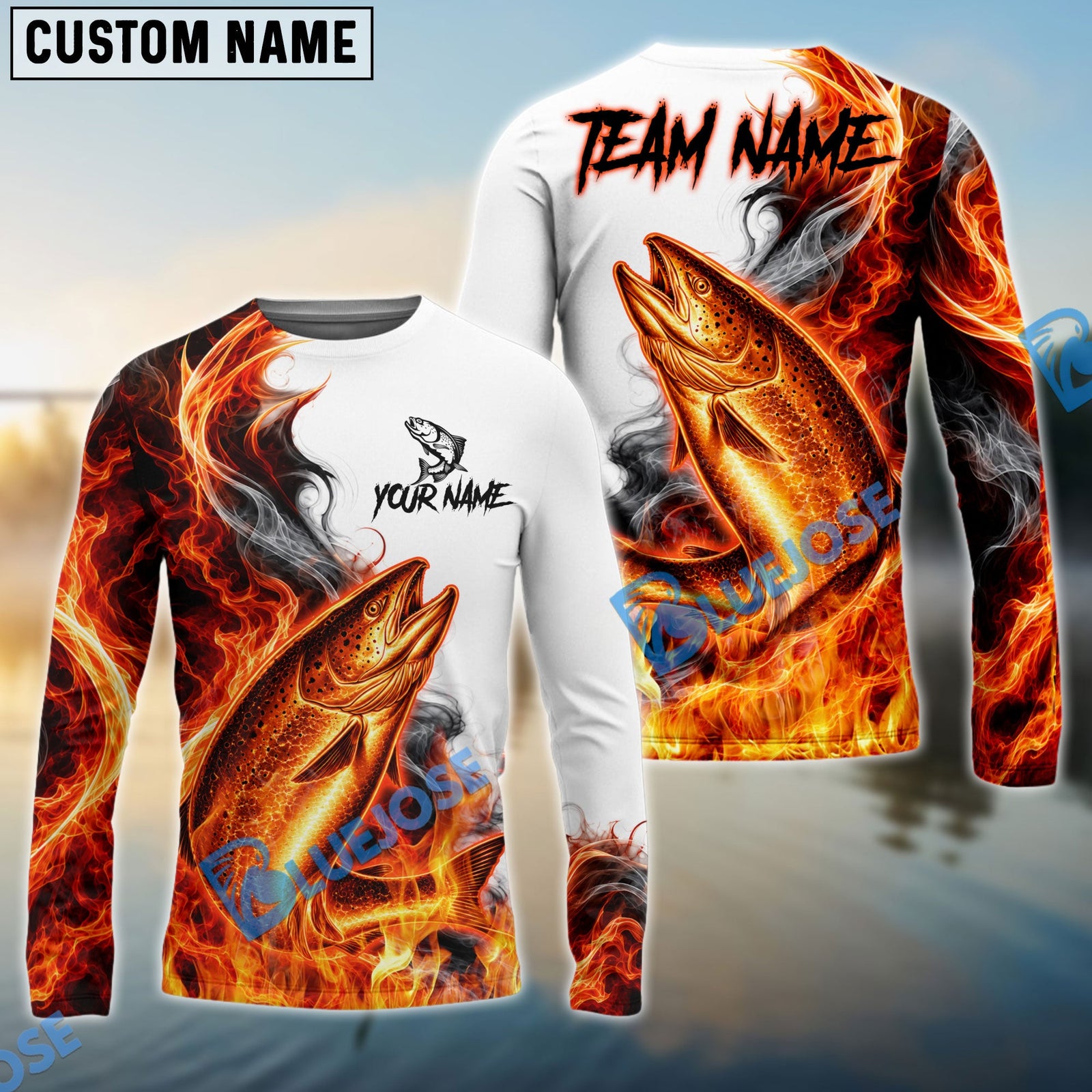Bluejose Fishing Red Fire Flame Smoke Design Custom Name & Team Name 3D Shirts (12 Breeds)