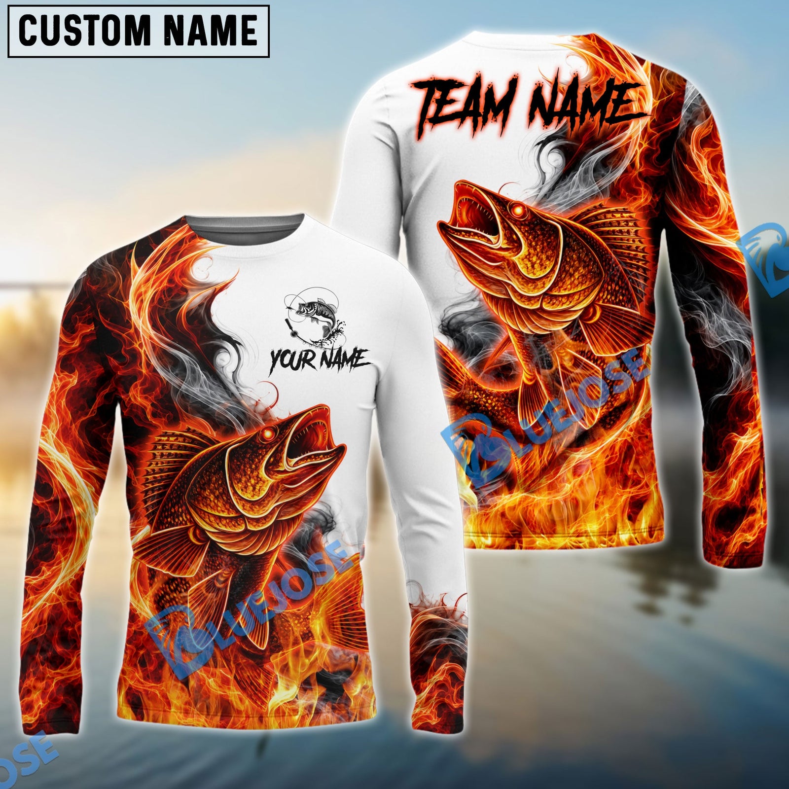 Bluejose Fishing Red Fire Flame Smoke Design Custom Name & Team Name 3D Shirts (12 Breeds)