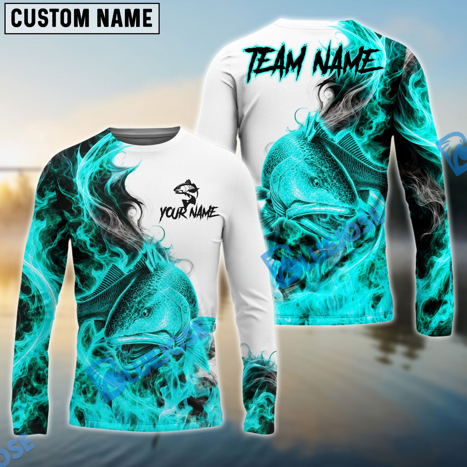 Bluejose Fishing Cyan Fire Flame Smoke Design Custom Name & Team Name 3D Shirts (12 Breeds)