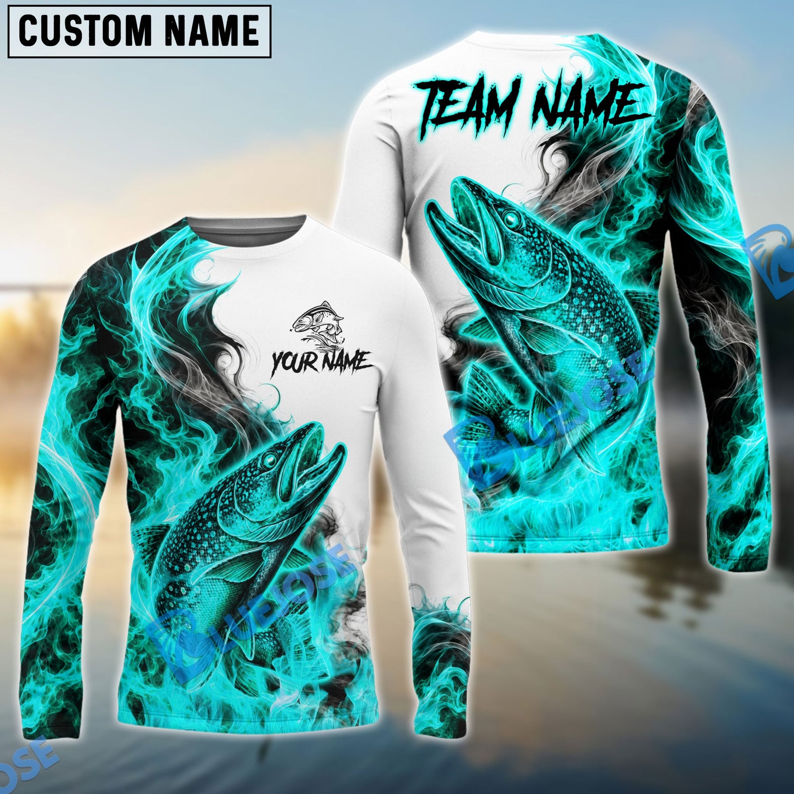 Bluejose Fishing Cyan Fire Flame Smoke Design Custom Name & Team Name 3D Shirts (12 Breeds)