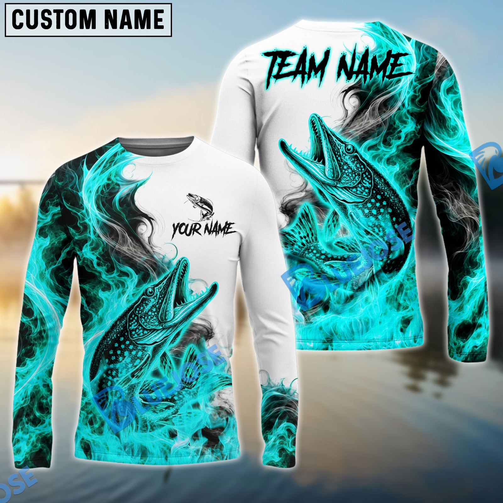 Bluejose Fishing Cyan Fire Flame Smoke Design Custom Name & Team Name 3D Shirts (12 Breeds)