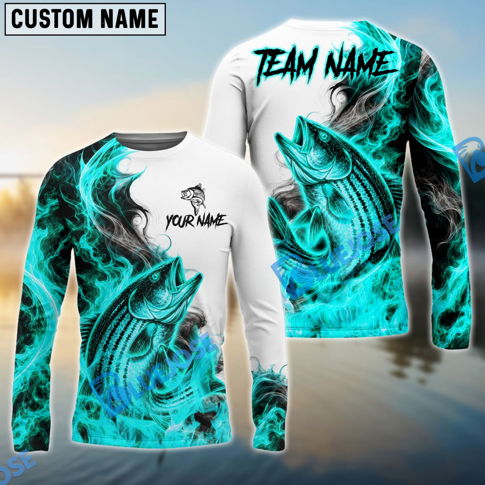 Bluejose Fishing Cyan Fire Flame Smoke Design Custom Name & Team Name 3D Shirts (12 Breeds)