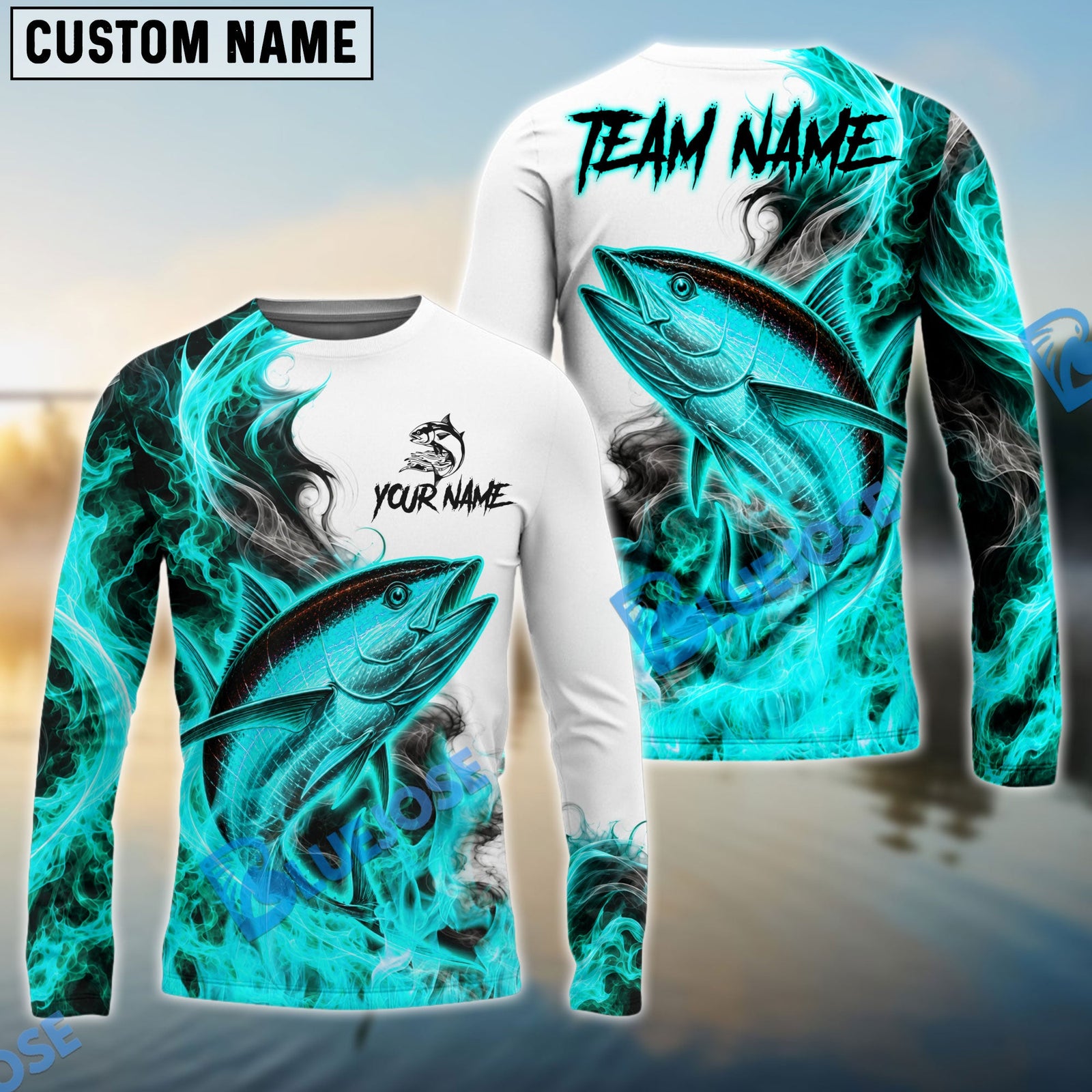 Bluejose Fishing Cyan Fire Flame Smoke Design Custom Name & Team Name 3D Shirts (12 Breeds)