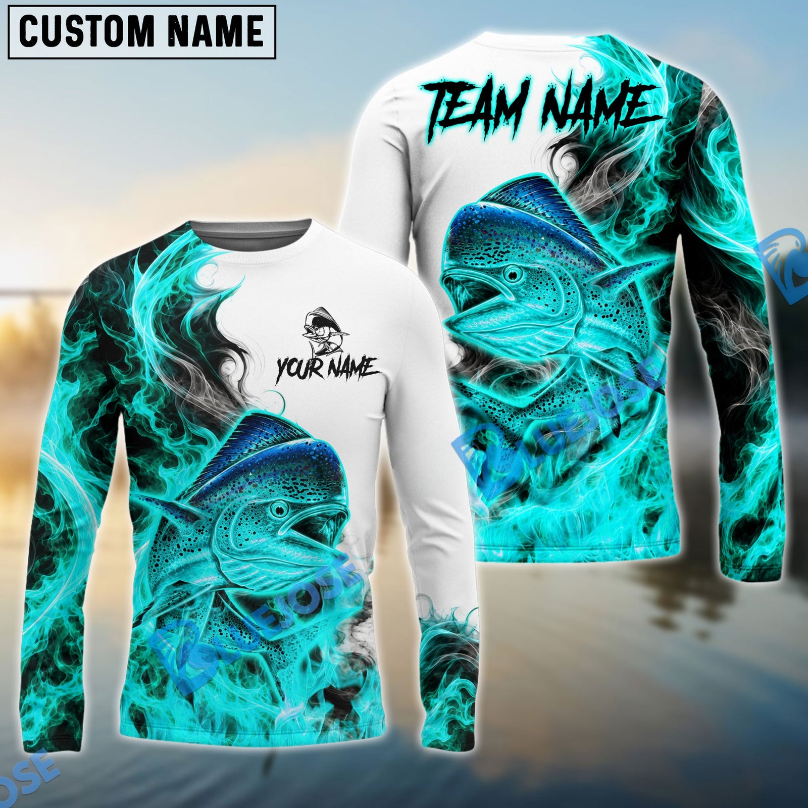 Bluejose Fishing Cyan Fire Flame Smoke Design Custom Name & Team Name 3D Shirts (12 Breeds)