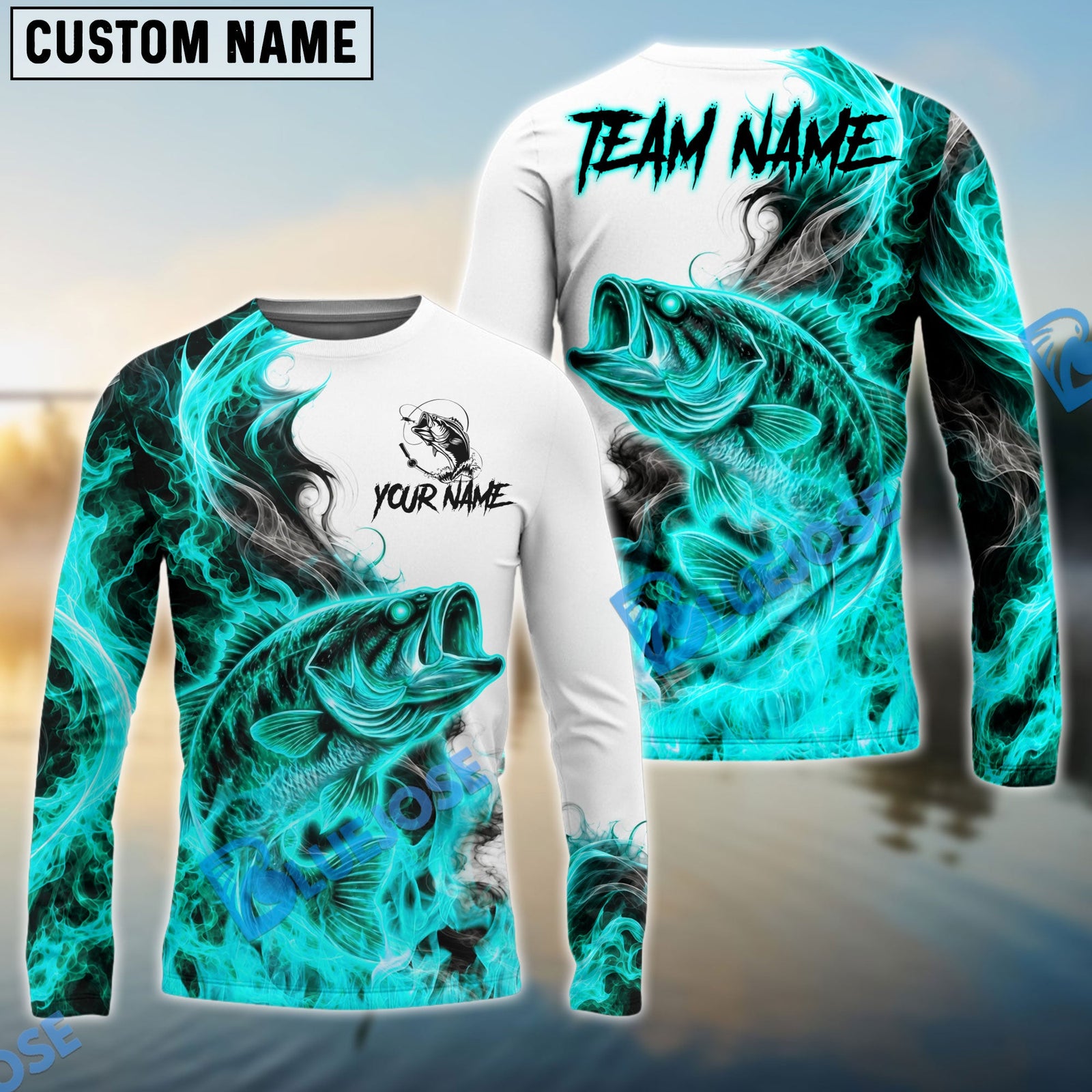 Bluejose Fishing Cyan Fire Flame Smoke Design Custom Name & Team Name 3D Shirts (12 Breeds)