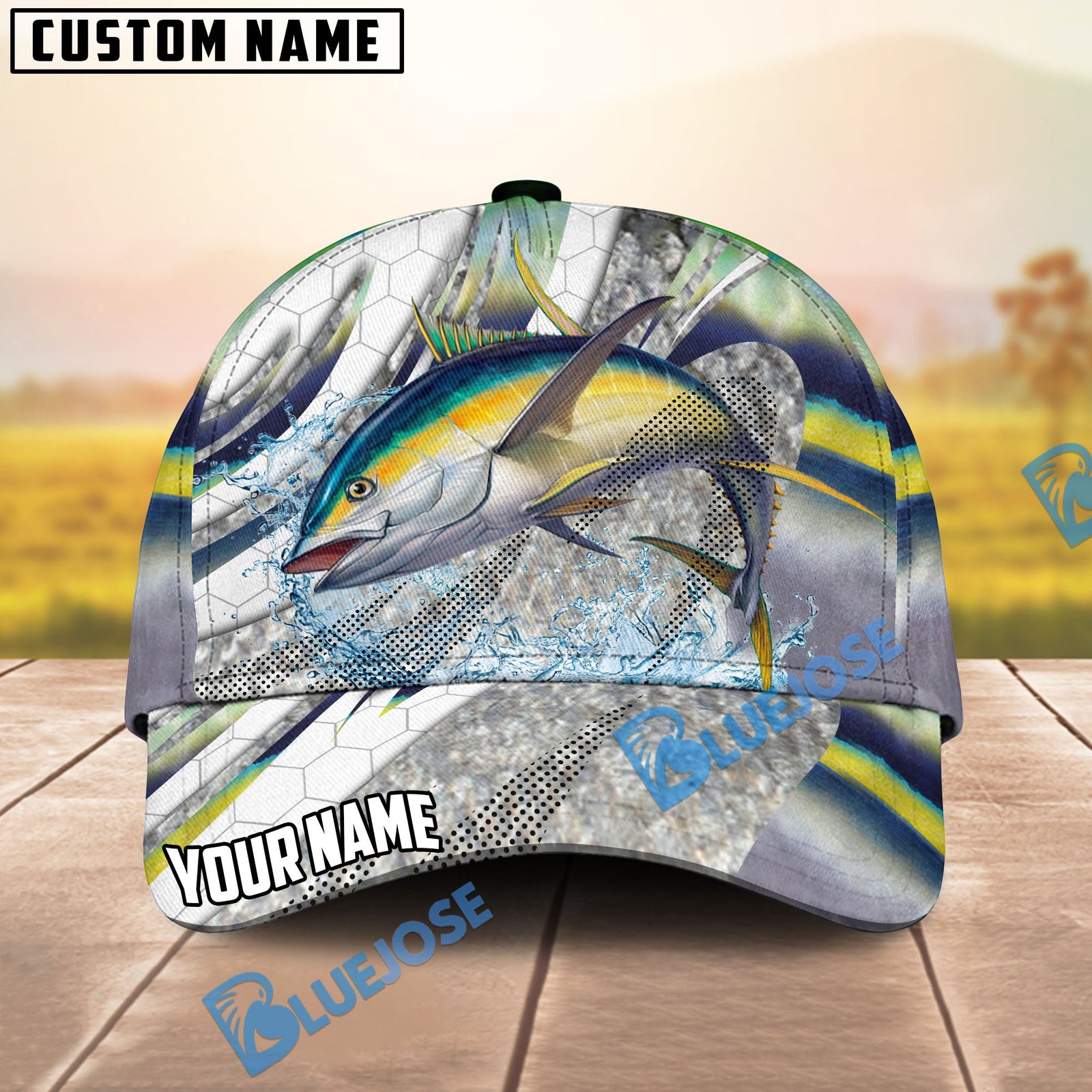 BlueJose Fishing Fish Scale Silver Stripe Personalized Name Classic 3D Cap (13 Breeds)