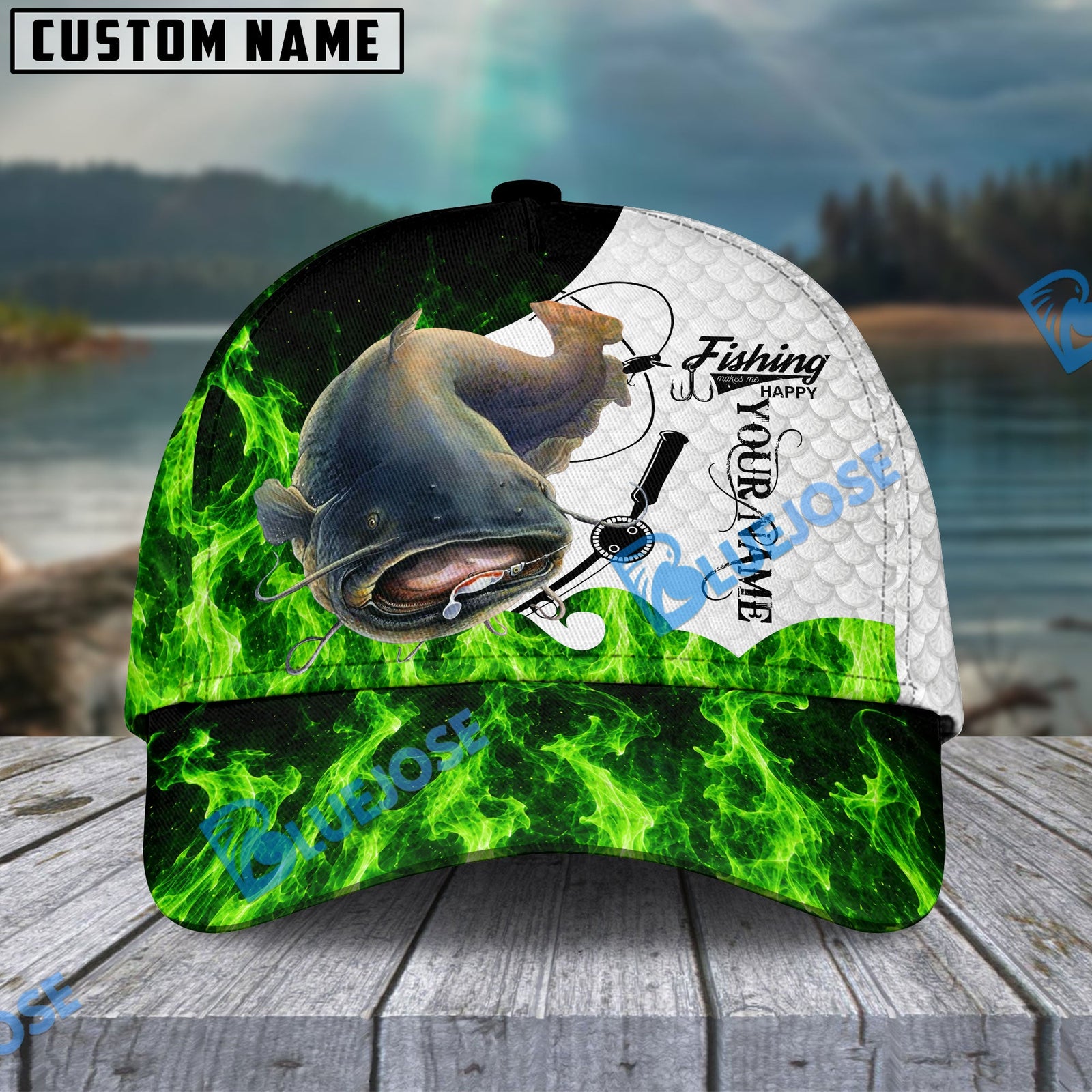 BlueJose Fishing Water Green Flame White Scale Personalized Name Classic 3D Cap (13 Breeds)