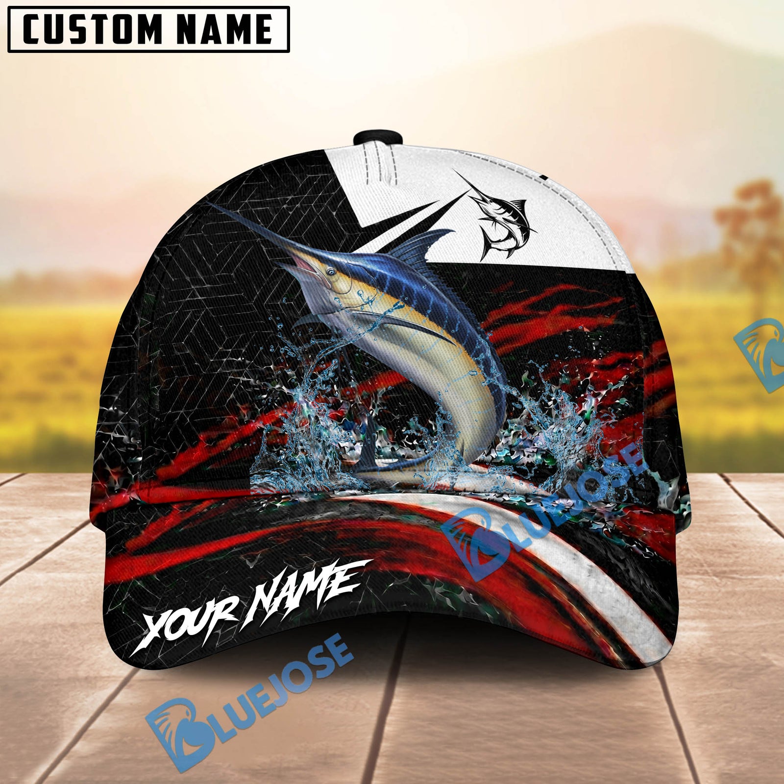 BlueJose Fishing Black Red Abstract Stripe Personalized Name Classic 3D Cap (13 Breeds)