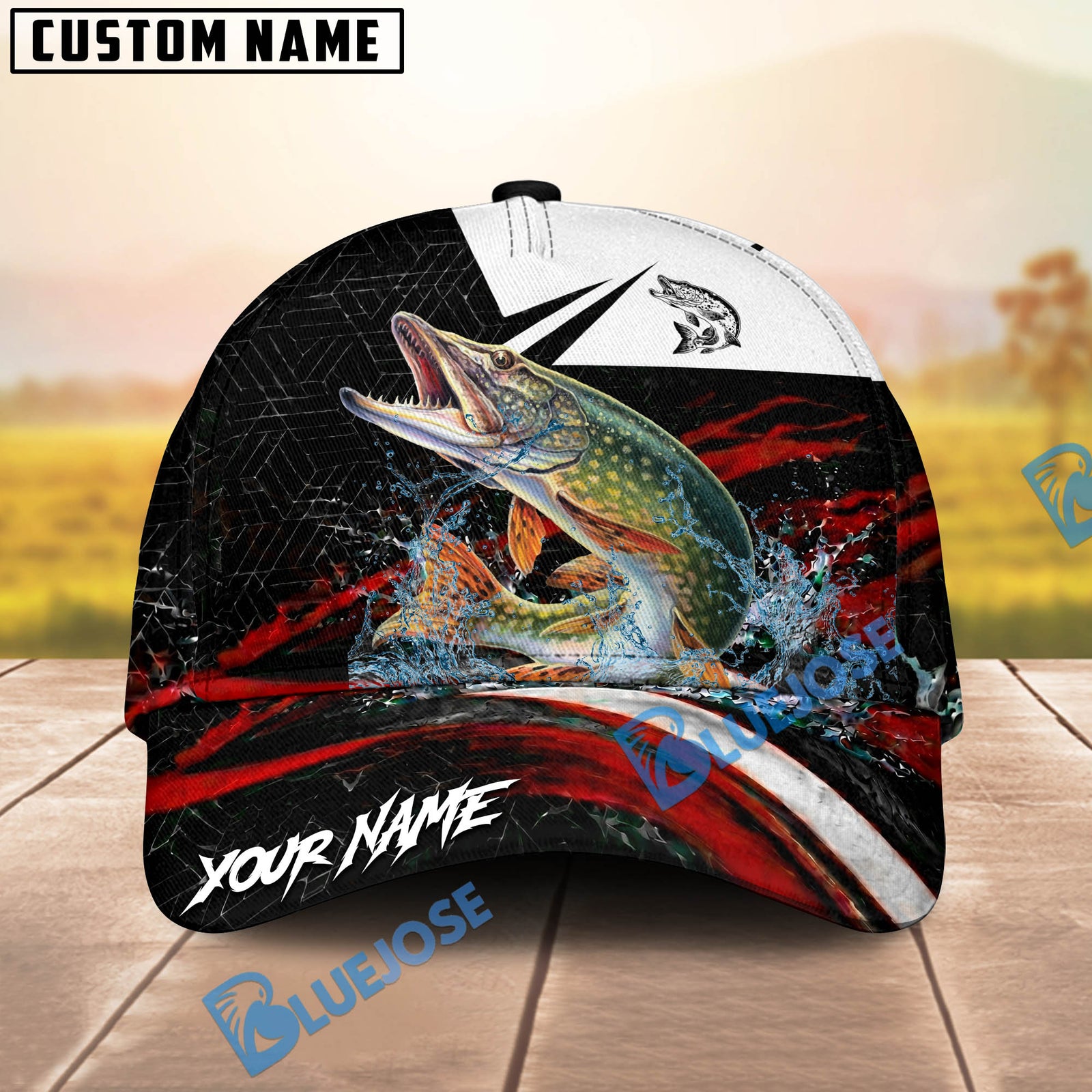 BlueJose Fishing Black Red Abstract Stripe Personalized Name Classic 3D Cap (13 Breeds)
