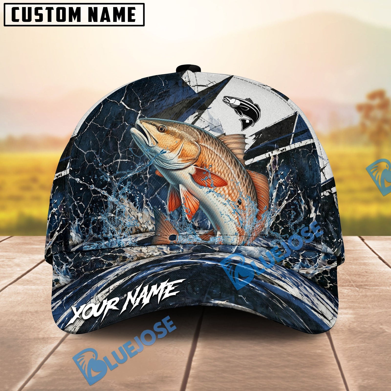 BlueJose Fishing Black White Crack Texture Splash Personalized Name Classic 3D Cap (13 Breeds)