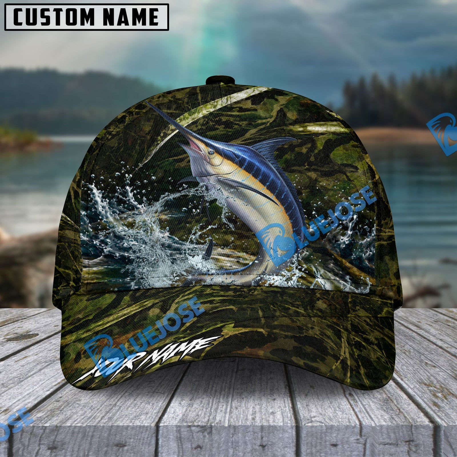 BlueJose Fishing Woodland Camouflage Water Splash Personalized Name Classic 3D Cap (13 Breeds)