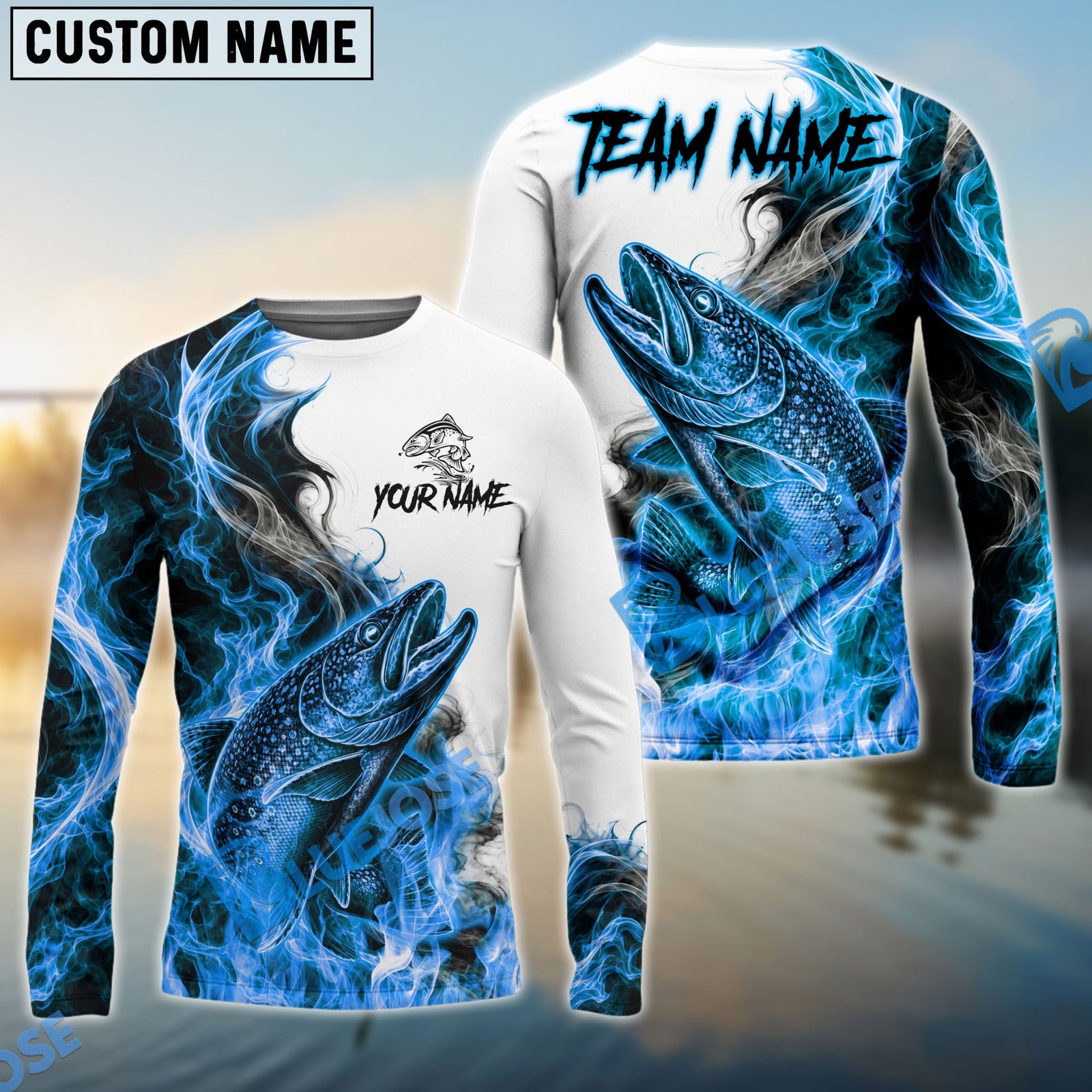 Bluejose Fishing Blue Flame Smoke Design Custom Name & Team Name 3D Shirts (12 Breeds)