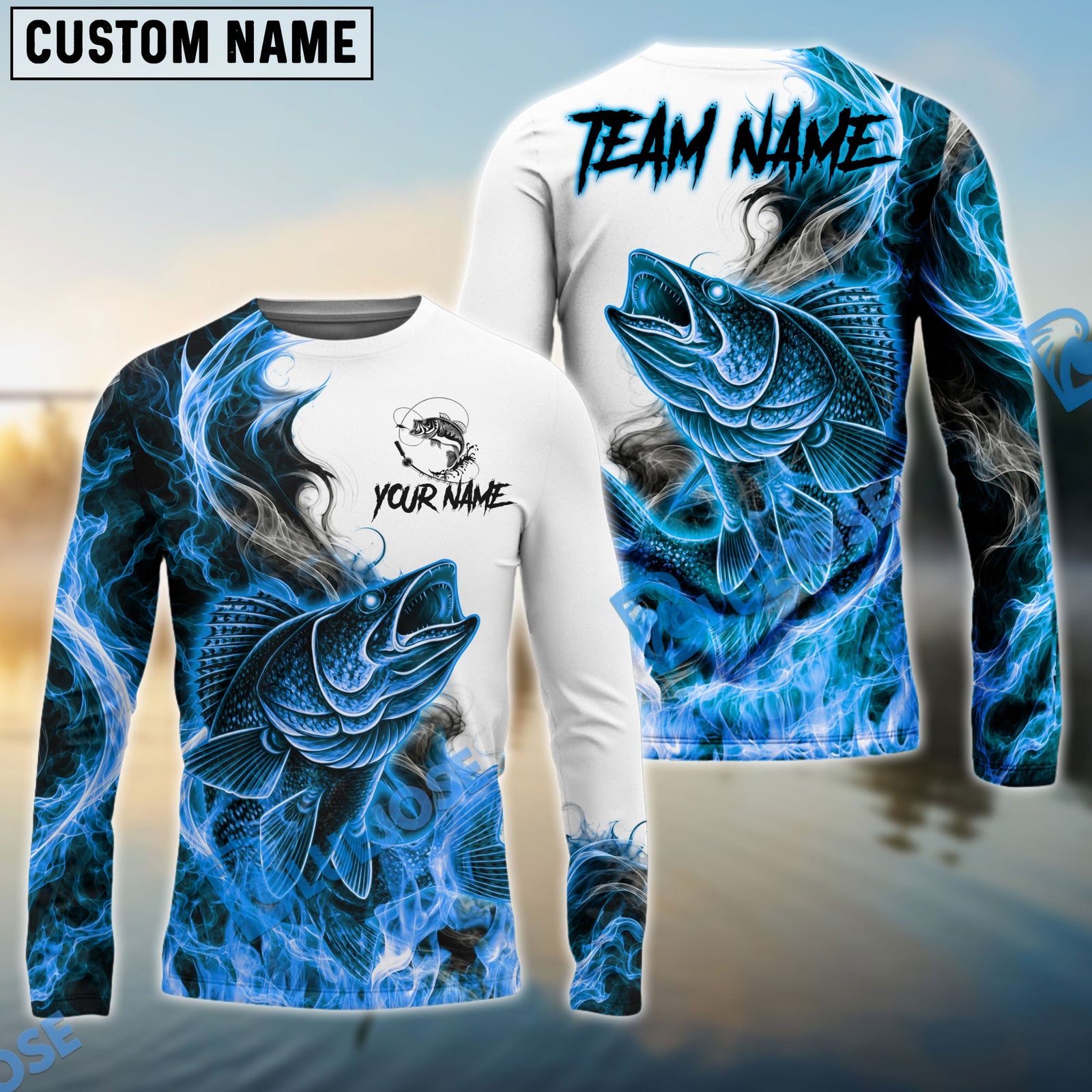 Bluejose Fishing Blue Flame Smoke Design Custom Name & Team Name 3D Shirts (12 Breeds)