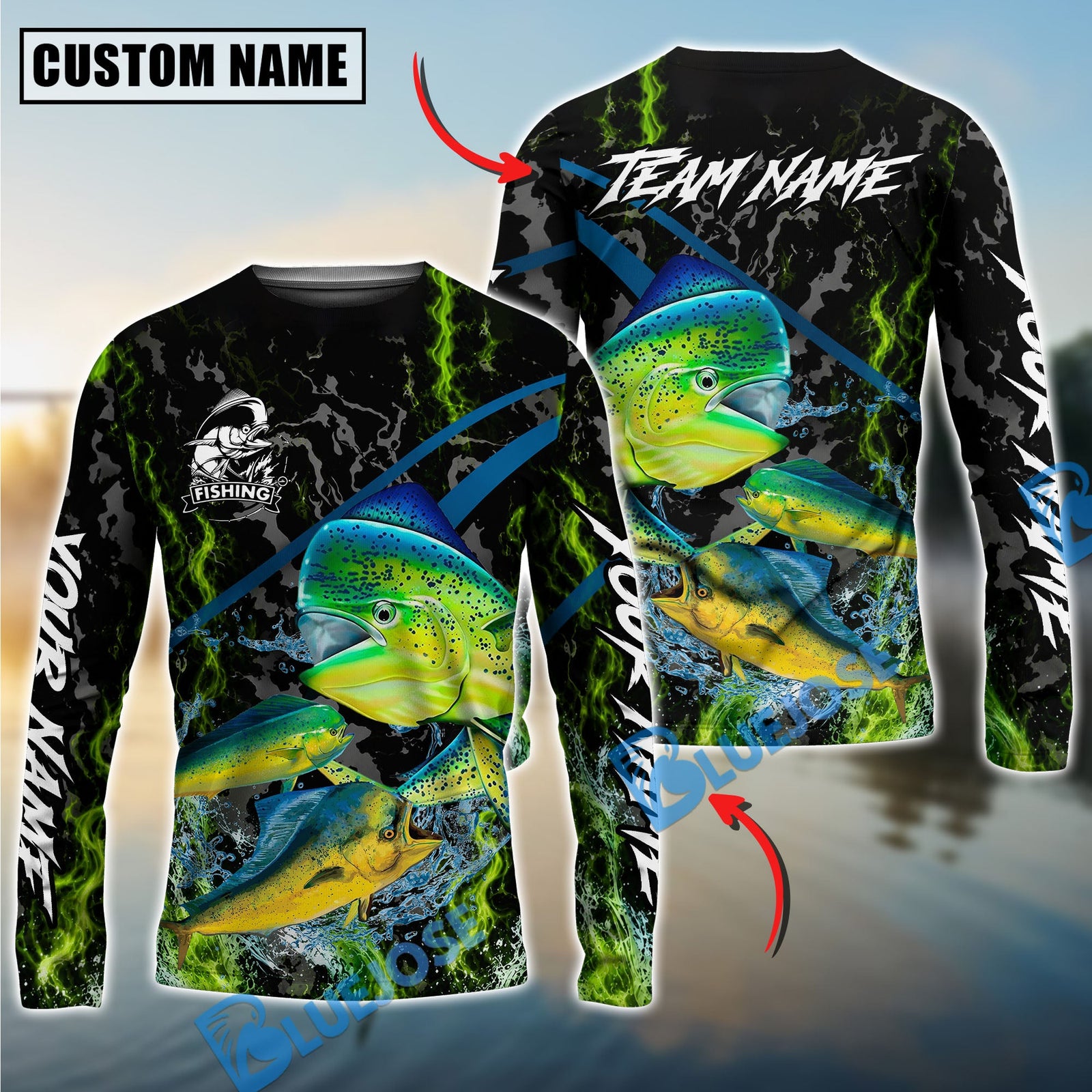 Bluejose Fishing Green Flame Grunge Camo Design Custom Name & Team Name 3D Shirts (12 Breeds)
