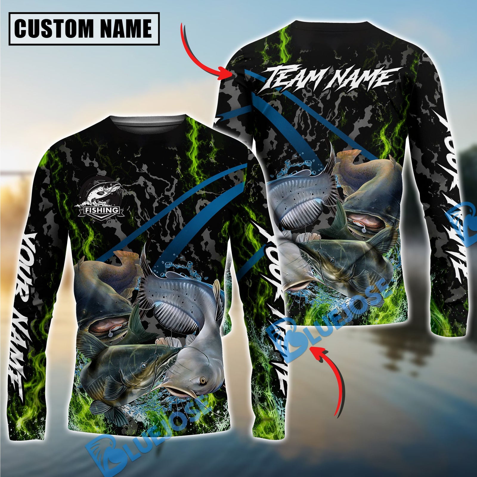 Bluejose Fishing Green Flame Grunge Camo Design Custom Name & Team Name 3D Shirts (12 Breeds)