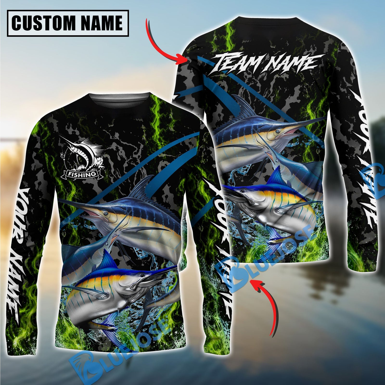 Bluejose Fishing Green Flame Grunge Camo Design Custom Name & Team Name 3D Shirts (12 Breeds)