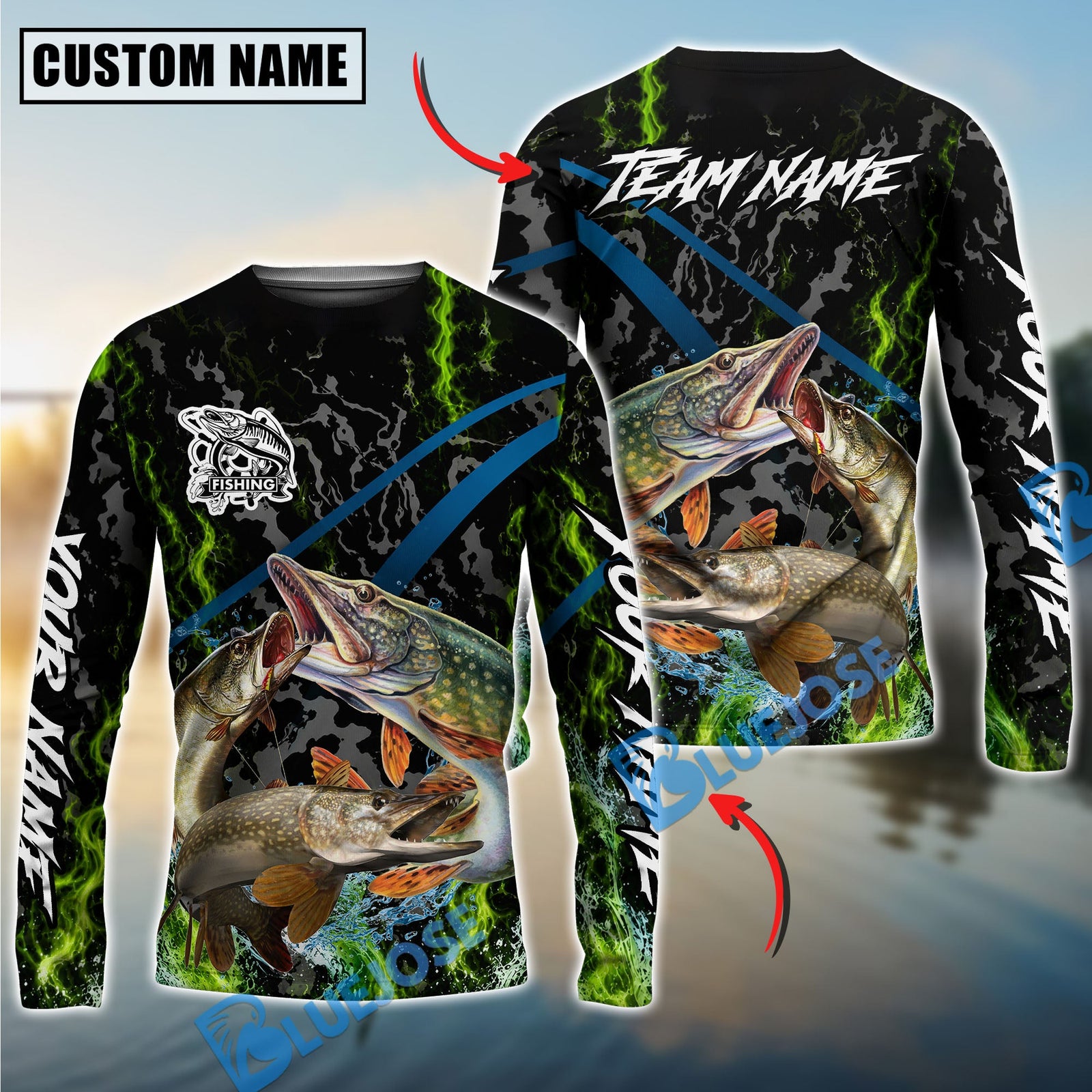 Bluejose Fishing Green Flame Grunge Camo Design Custom Name & Team Name 3D Shirts (12 Breeds)