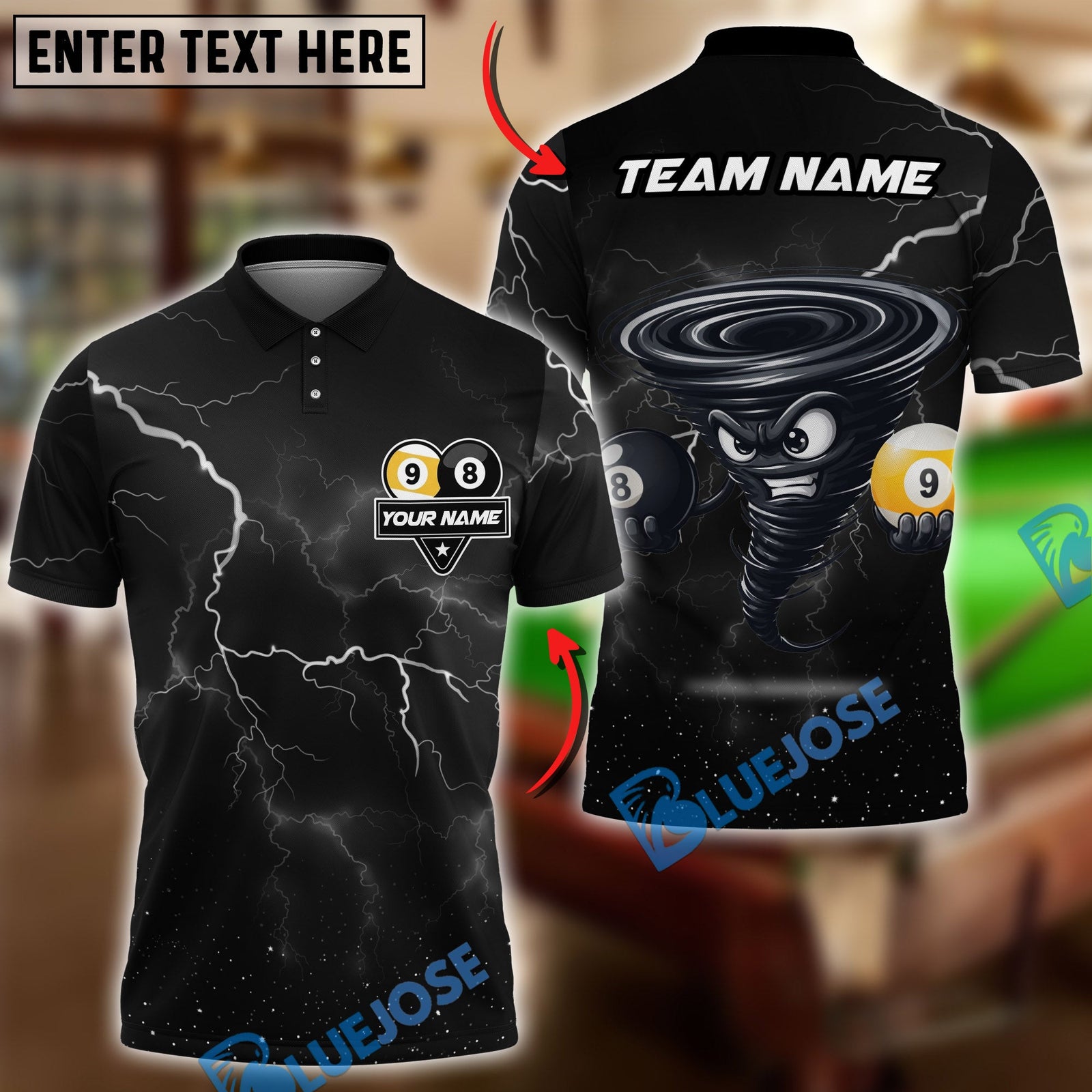 BlueJose Billiards Ball 8 & Ball 9 Angry Tornado Character Personalized Name Shirt (6 Colors)