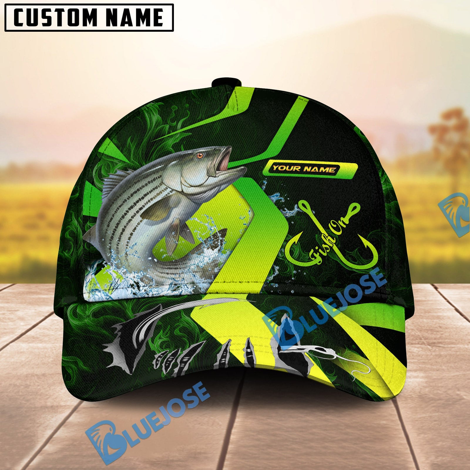 BlueJose Fishing Neon Green Neon Hook Splash Personalized Cap (13 Breeds)