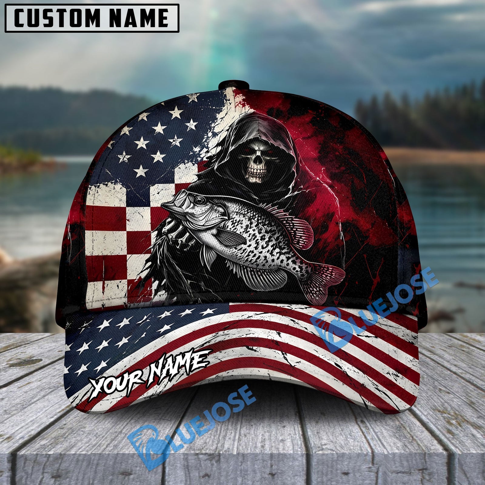 BlueJose Fishing Grunge American Flag Reaper Personalized Cap (13 Breeds)