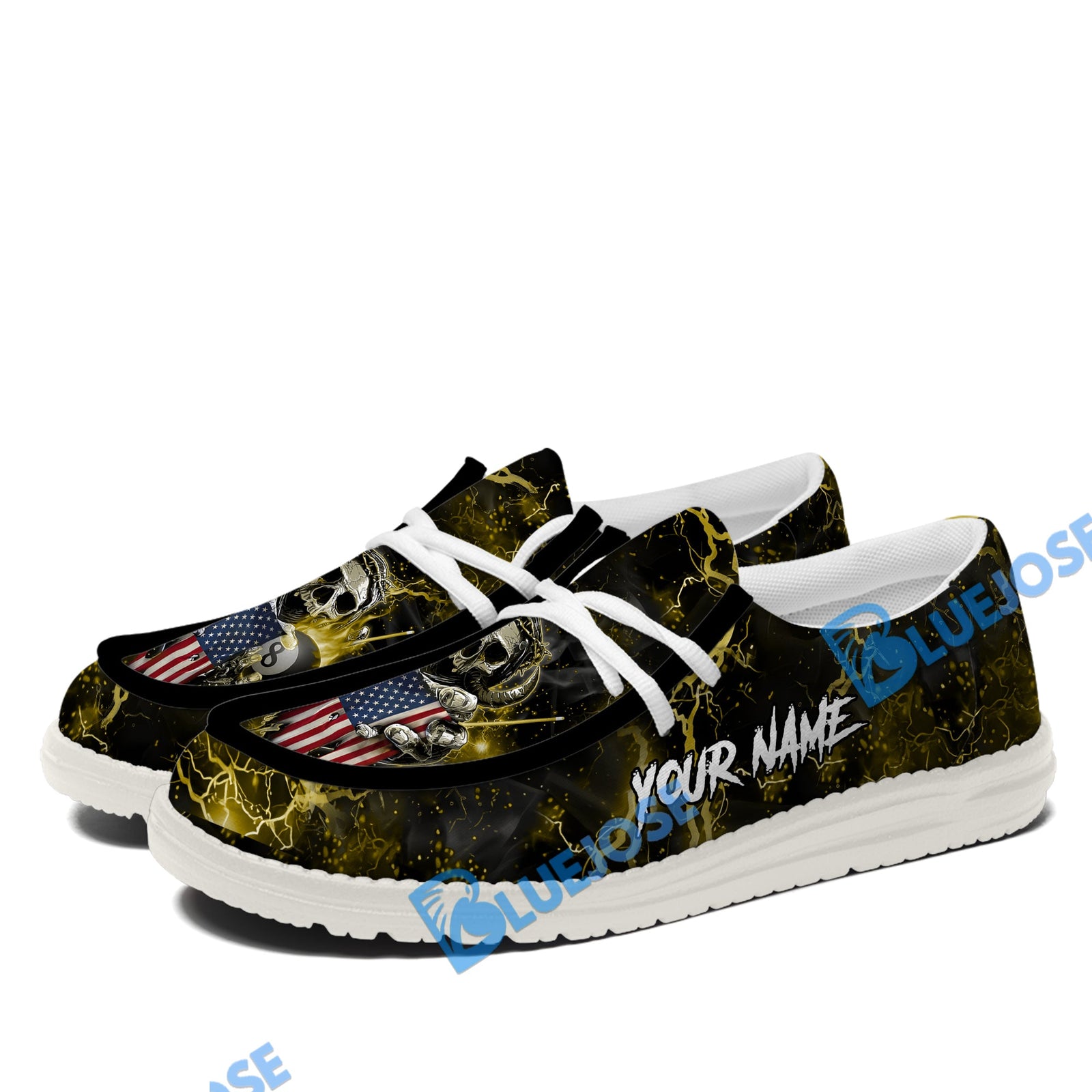 BlueJose Billiards Ball 8 Fire Skull US Flag Yellow White Canvas Loafer Shoes