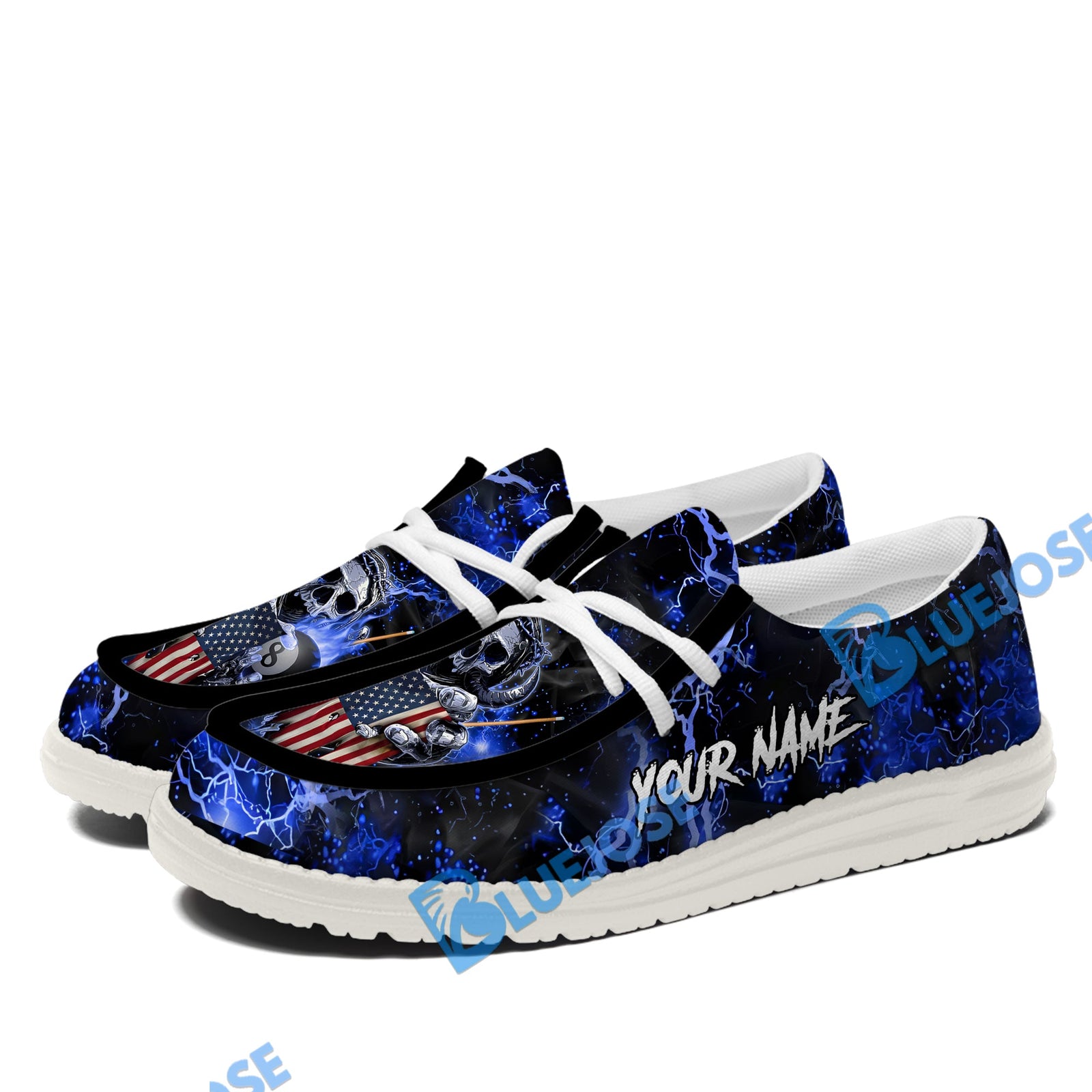 BlueJose Billiards Ball 8 Fire Skull US Flag Blue White Canvas Loafer Shoes