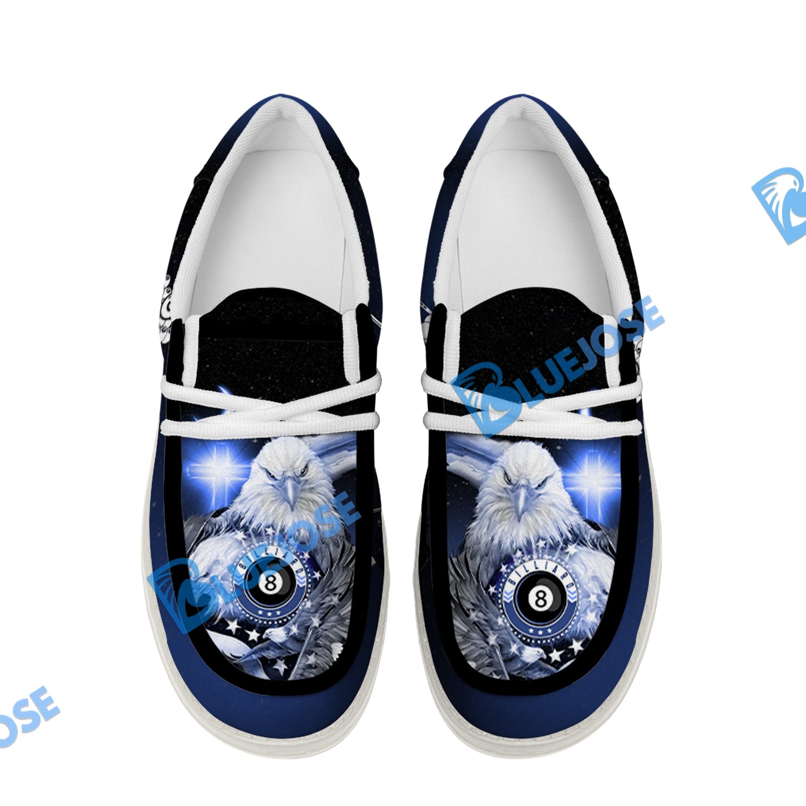 BlueJose Billiards Ball 8 Cross Eagle American Flag White Canvas Loafer Shoes (4 Colors)