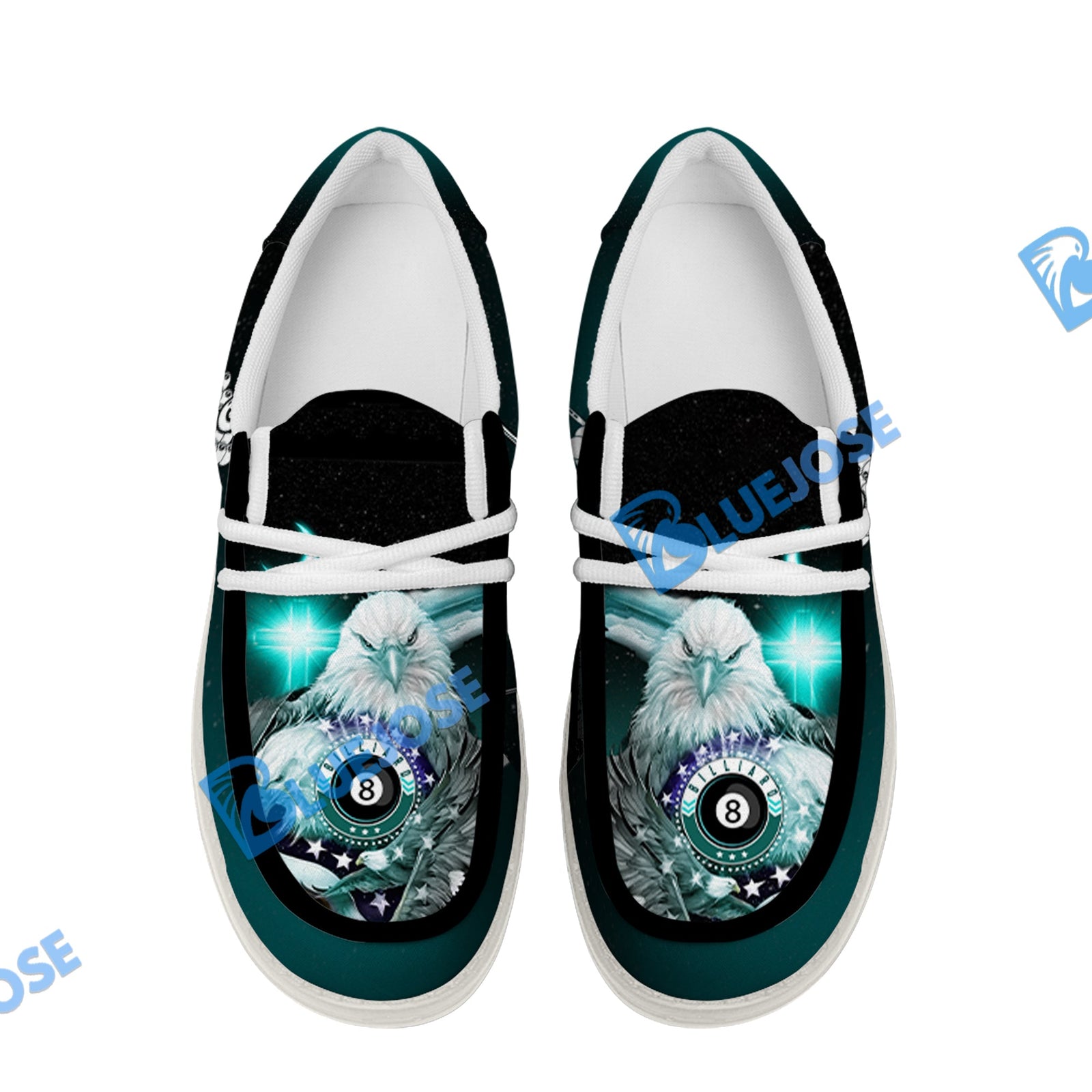 BlueJose Billiards Ball 8 Cross Eagle American Flag White Canvas Loafer Shoes (4 Colors)