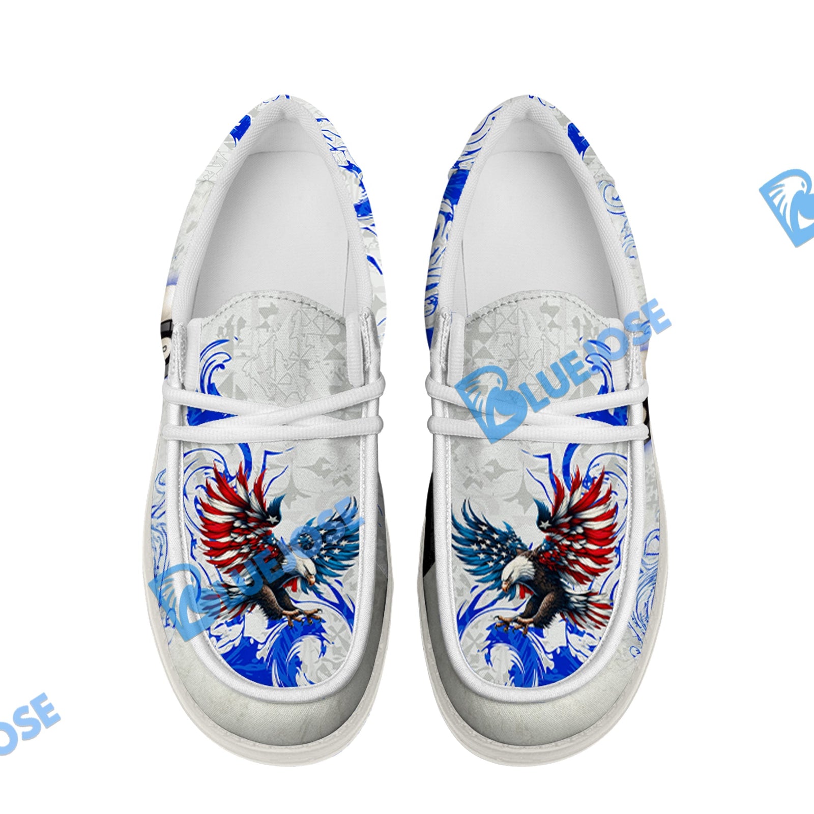 BlueJose Billiards 8 Ball Almighty American Eagle White Canvas Loafer Shoes (4 Colors)