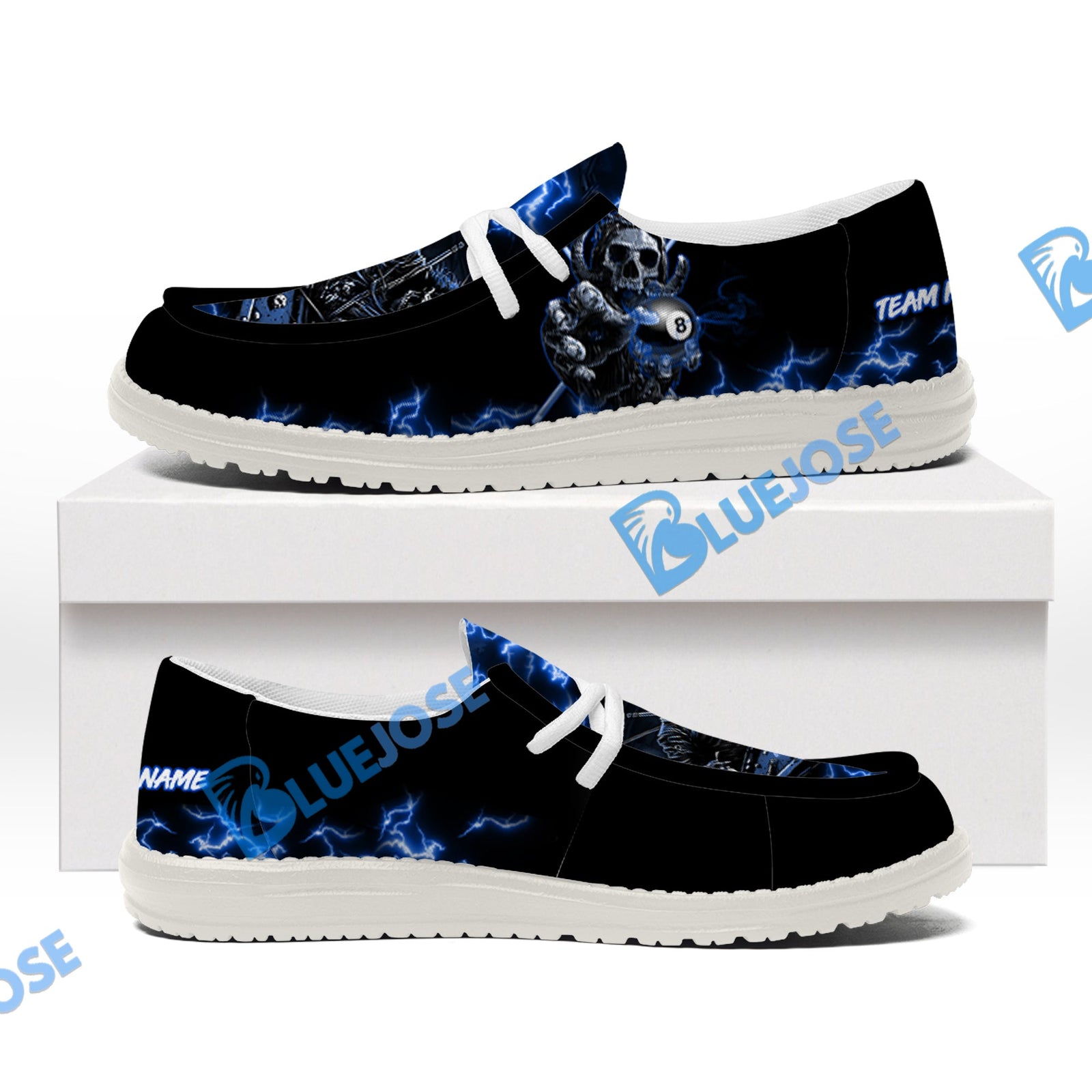 BlueJose Billiards Skull Fire White Canvas Loafer Shoes (4 Colors)