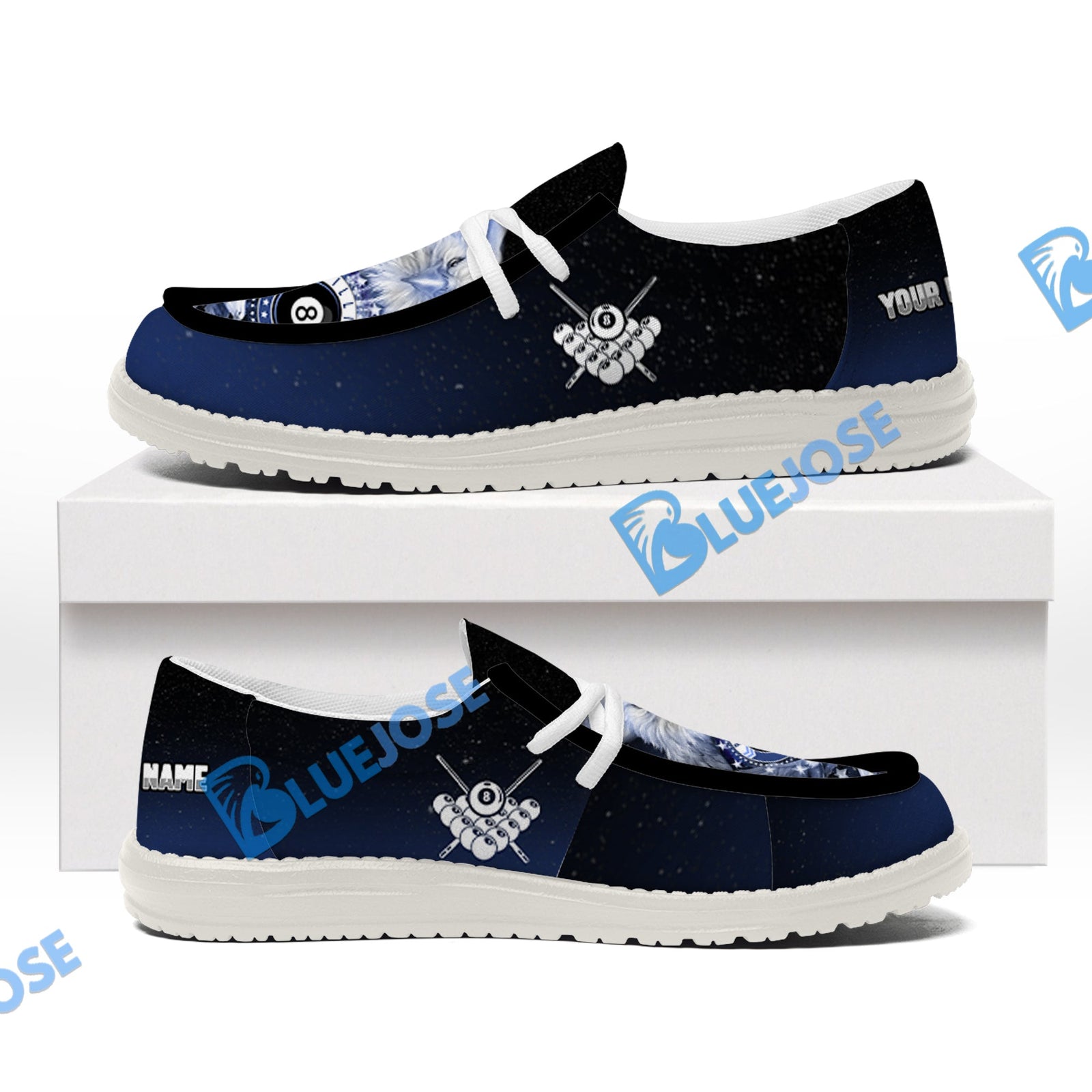 BlueJose Billiards Ball 8 Cross Eagle American Flag White Canvas Loafer Shoes (4 Colors)