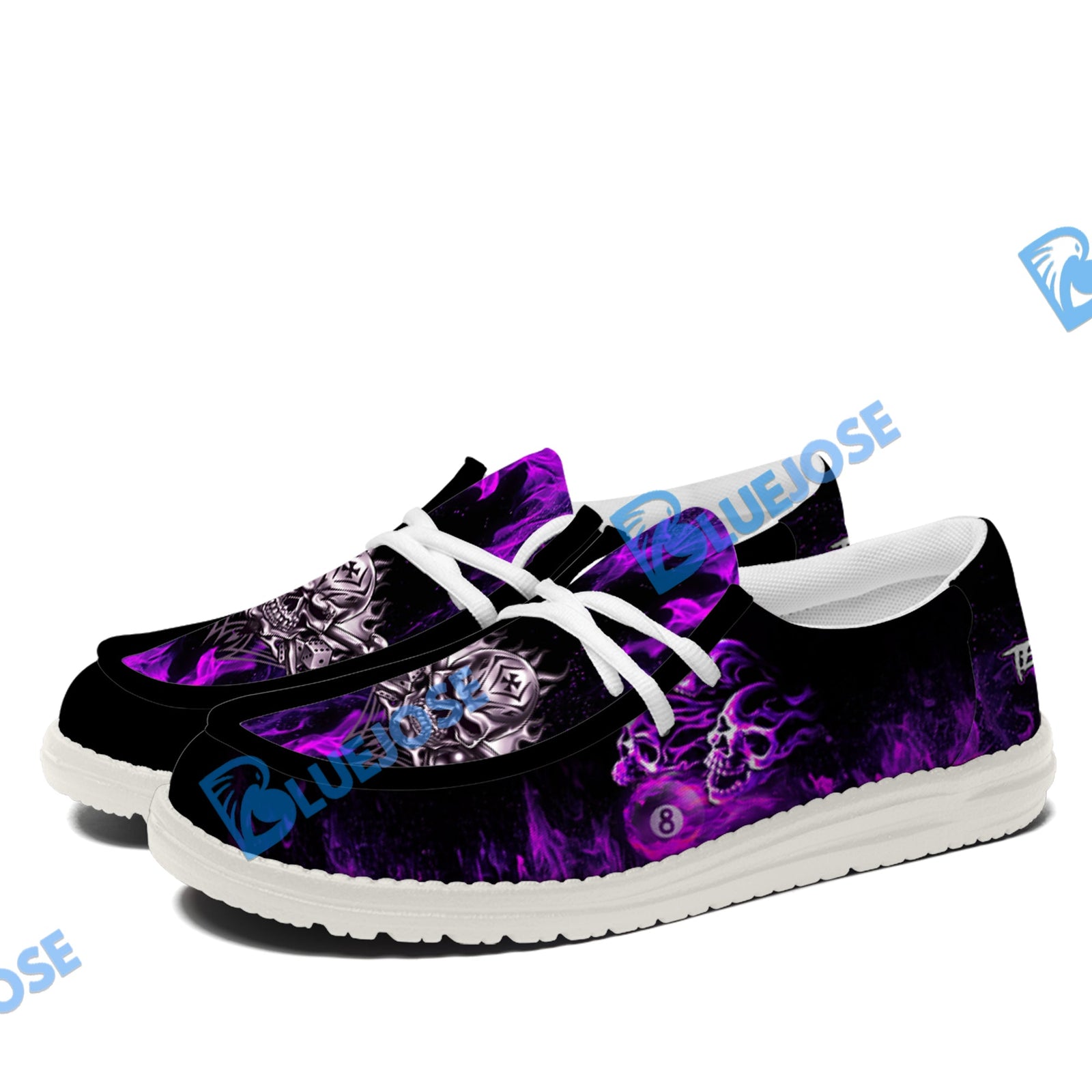 BlueJose Billiards 8 Ball Fusion Skulls White Canvas Loafer Shoes (4 Colors)