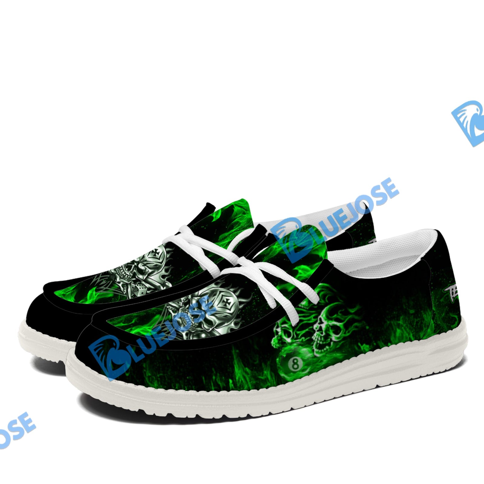 BlueJose Billiards 8 Ball Fusion Skulls White Canvas Loafer Shoes (4 Colors)