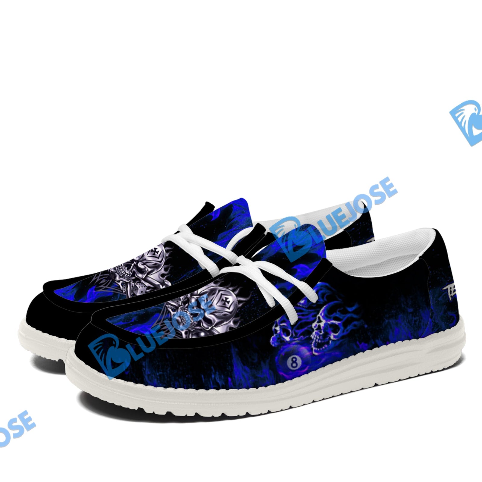 BlueJose Billiards 8 Ball Fusion Skulls White Canvas Loafer Shoes (4 Colors)
