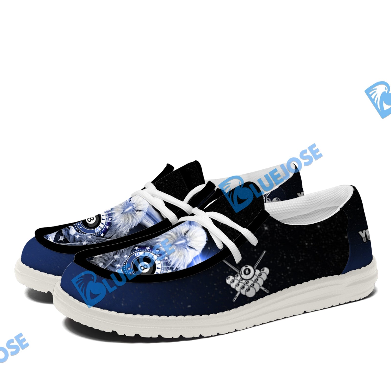 BlueJose Billiards Ball 8 Cross Eagle American Flag White Canvas Loafer Shoes (4 Colors)