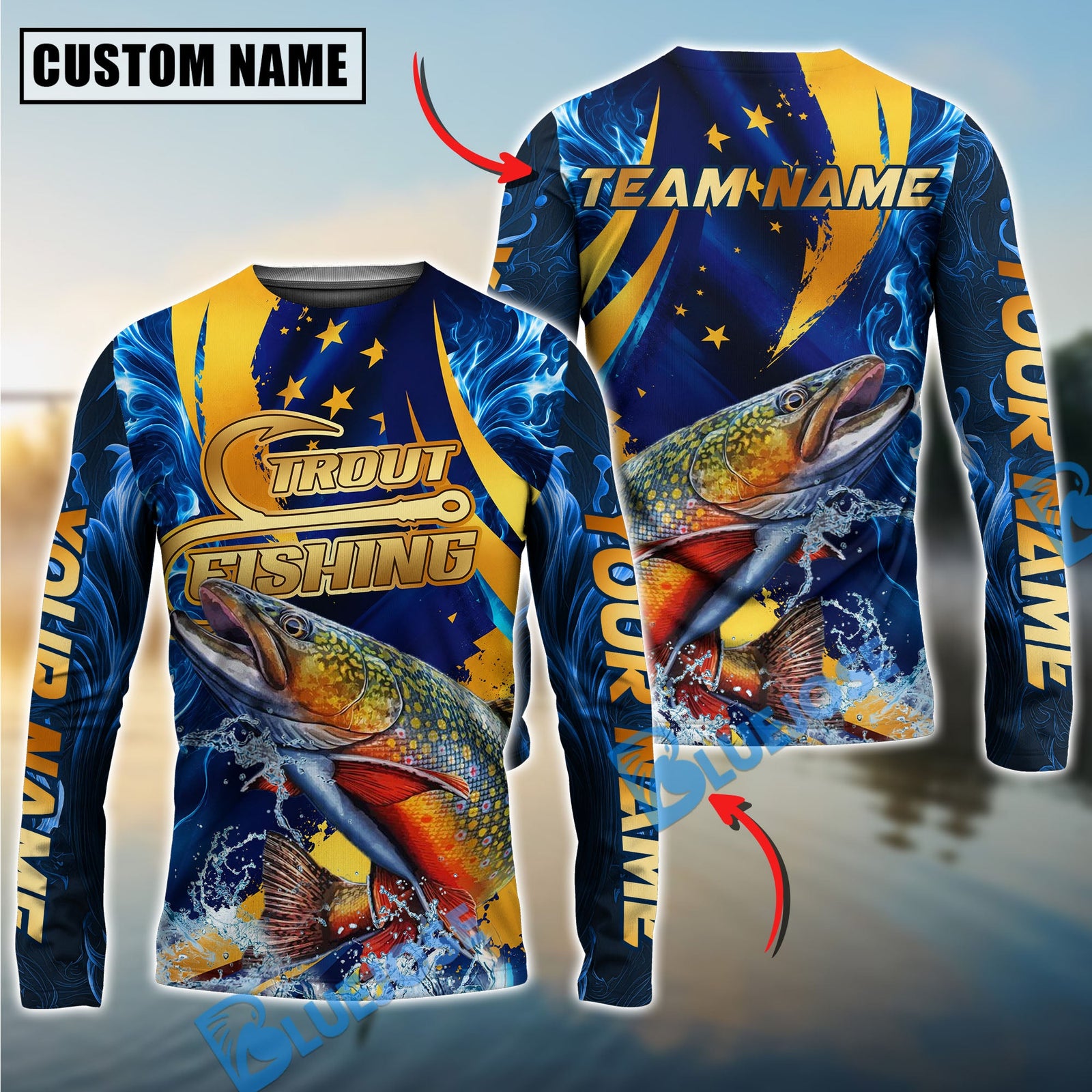 Bluejose Fishing Blue Flame Golden American Flag Custom Name & Team Name 3D Shirts (12 Breeds)