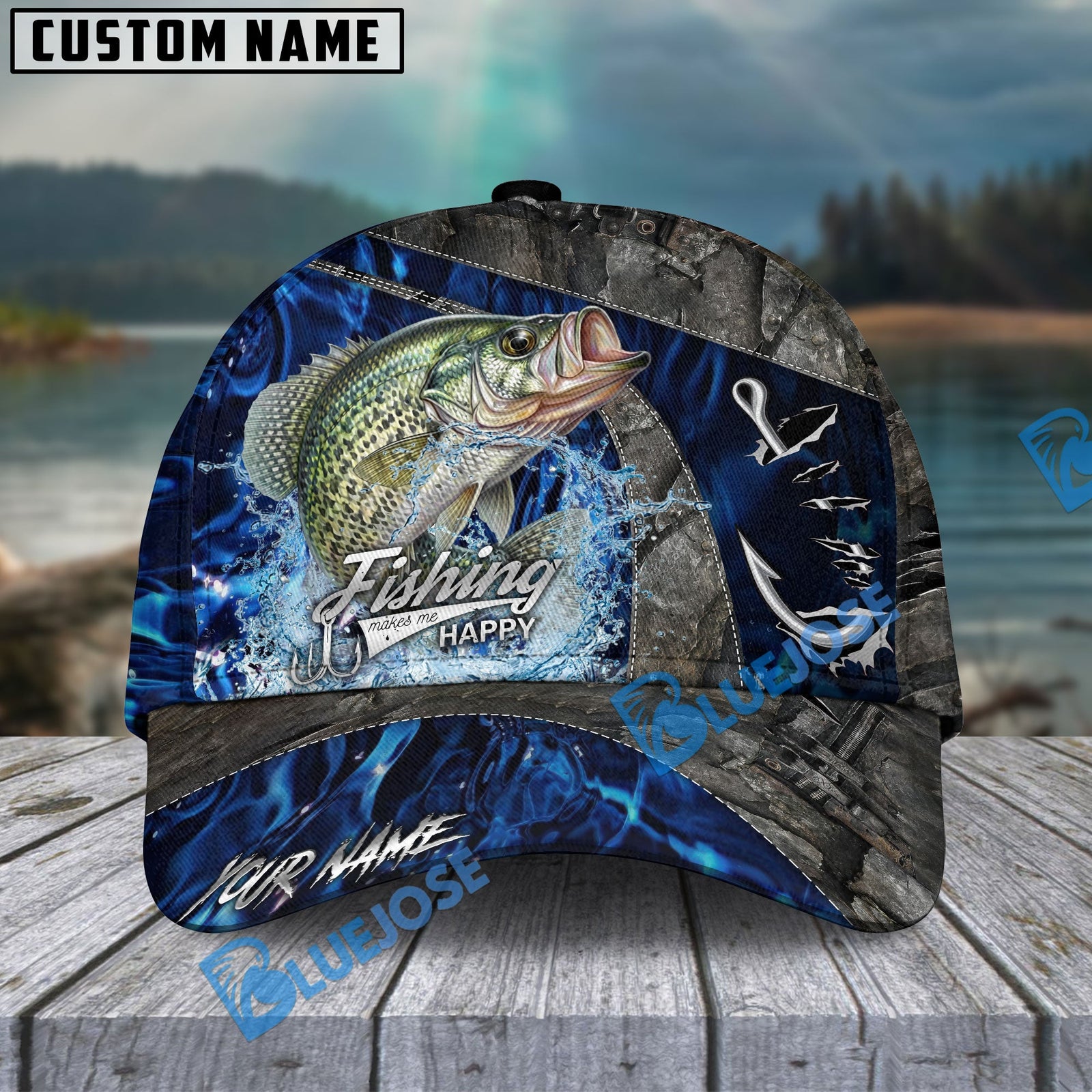 BlueJose Fishing Water Splash Camo Happy Personalized Name Classic 3D Cap Personalized Cap (13 Breeds)