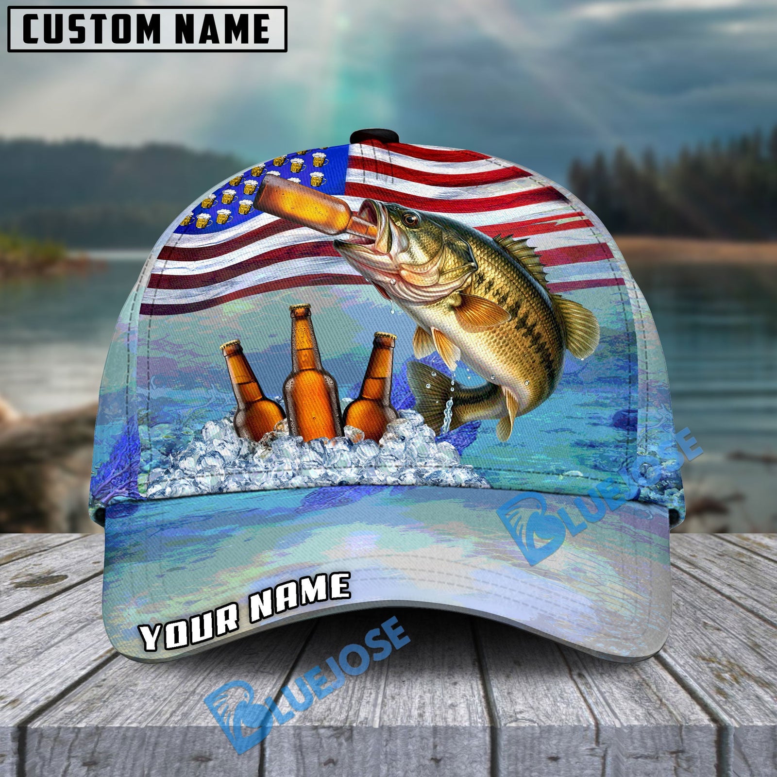 BlueJose Fishing American Flag Beer Personalized Cap (Bass, Walleye, Trout, Catfish, Crappie, Striped Bass, Salmon, Pike, Tuna, Marlin, Mahi-mahi)