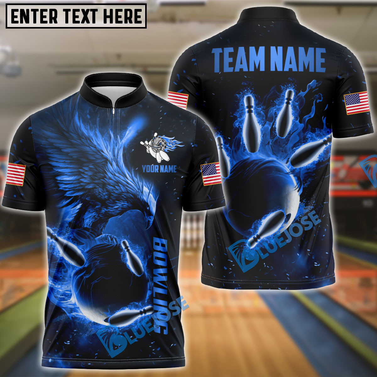 BlueJose Bowling And Pins Flame Phoenix American Flag Customized Name 3D Shirt (4 Colors)