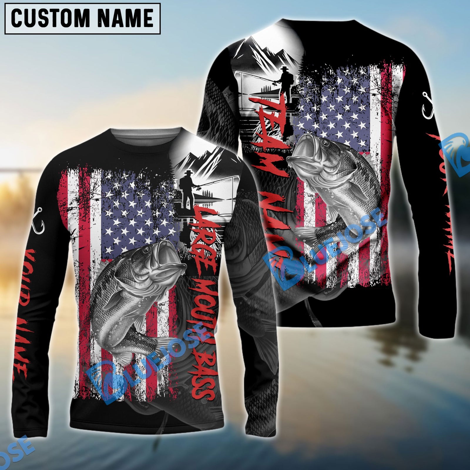 Bluejose Large Mouth Bass Fishing Black US Flag Sport Custom Name & Team Name 3D Shirts