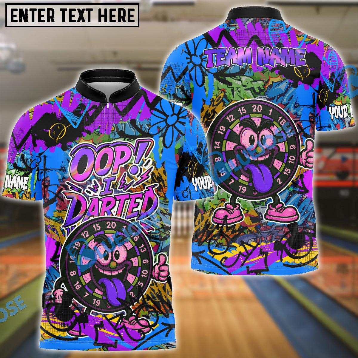 BlueJose Darts Funny Graffiti Oop! I Darted Multicolor Options Personalized Name Shirt (4 Colors)