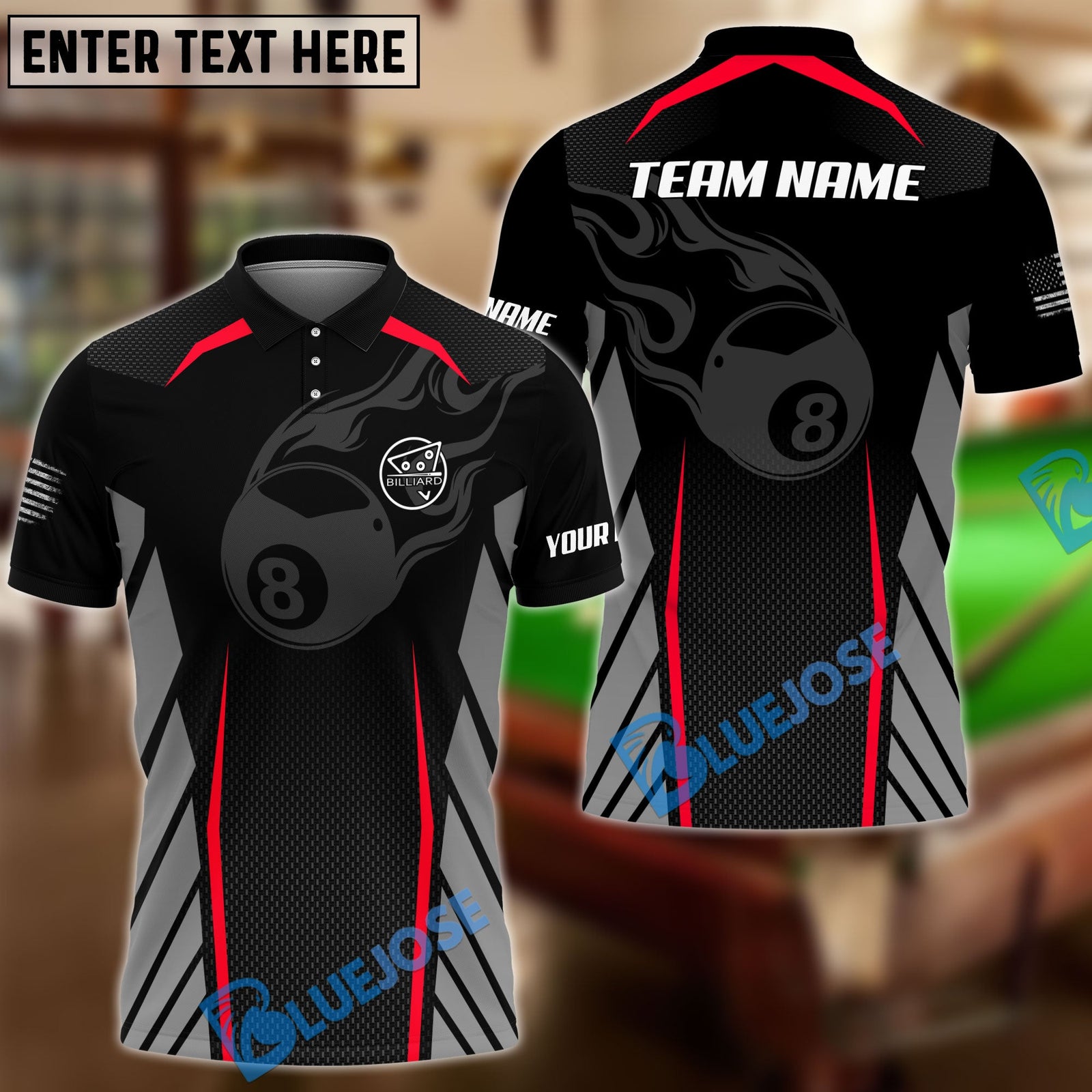 BlueJose Flame 8 Ball Billiards Personalized Name Shirt for Team (6 Colors)