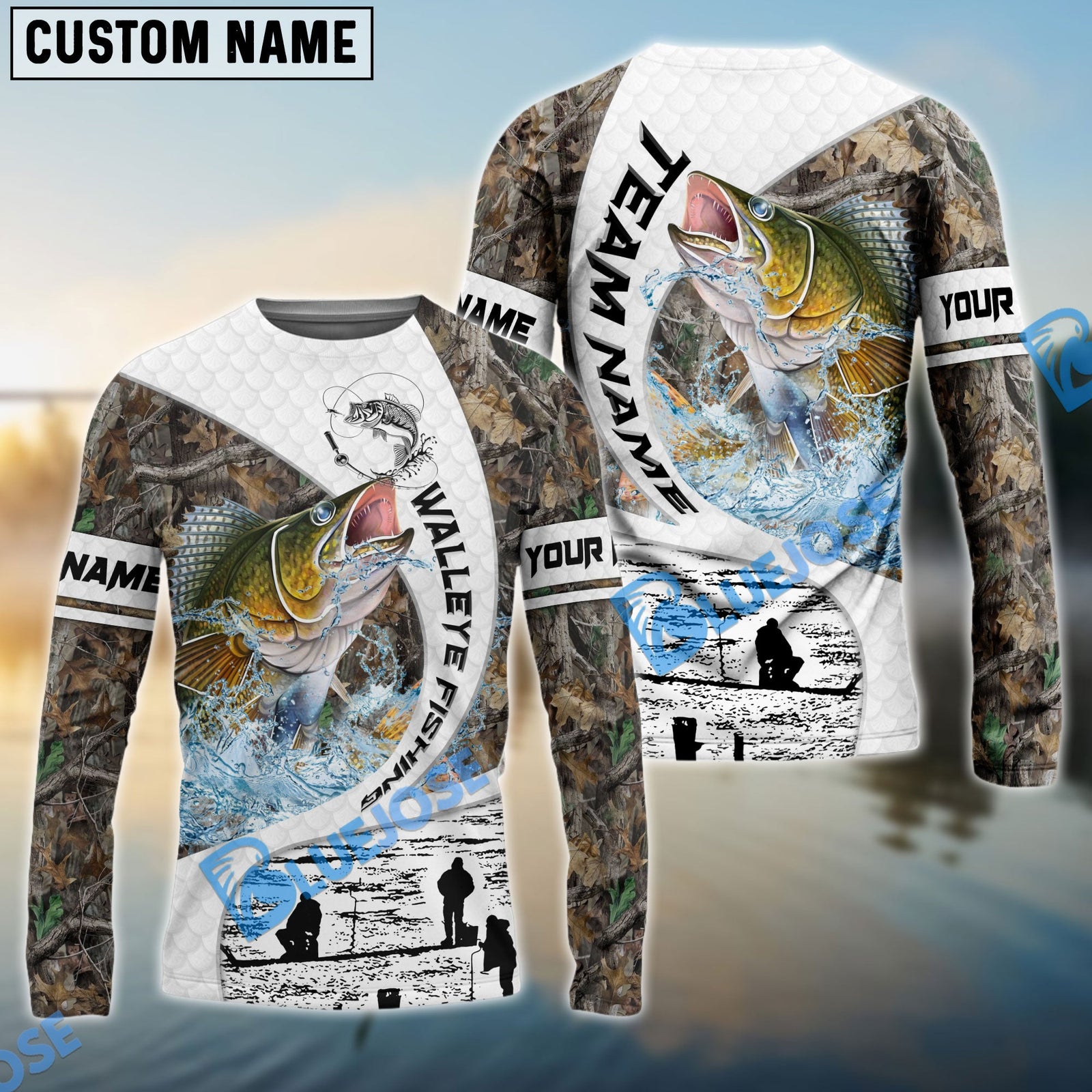 Bluejose Walleye Fishing Camo Forest Scene Custom Name & Team Name 3D Shirts