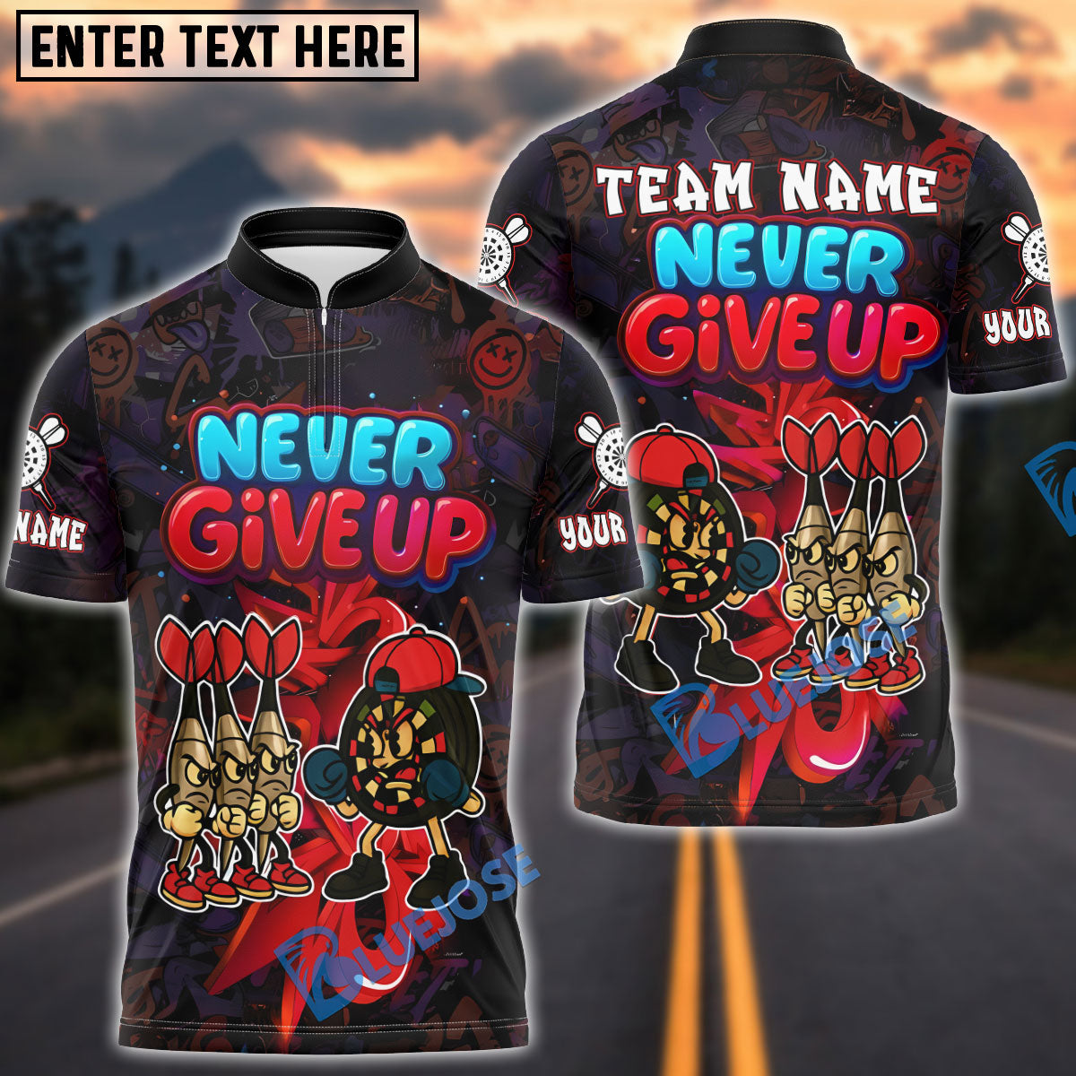 BlueJose Darts Never Give Up Graffiti Style Personalized Name, Team Name Unisex Shirt (4 Colors)