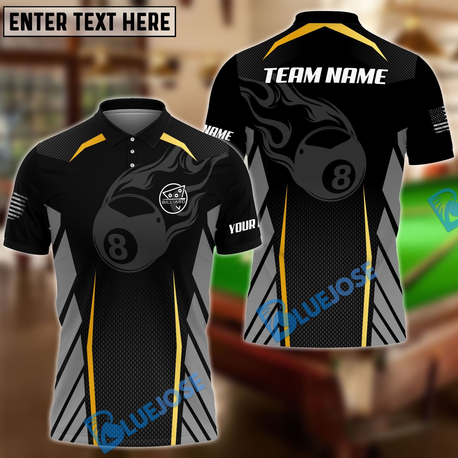 BlueJose Flame 8 Ball Billiards Personalized Name Shirt for Team (6 Colors)