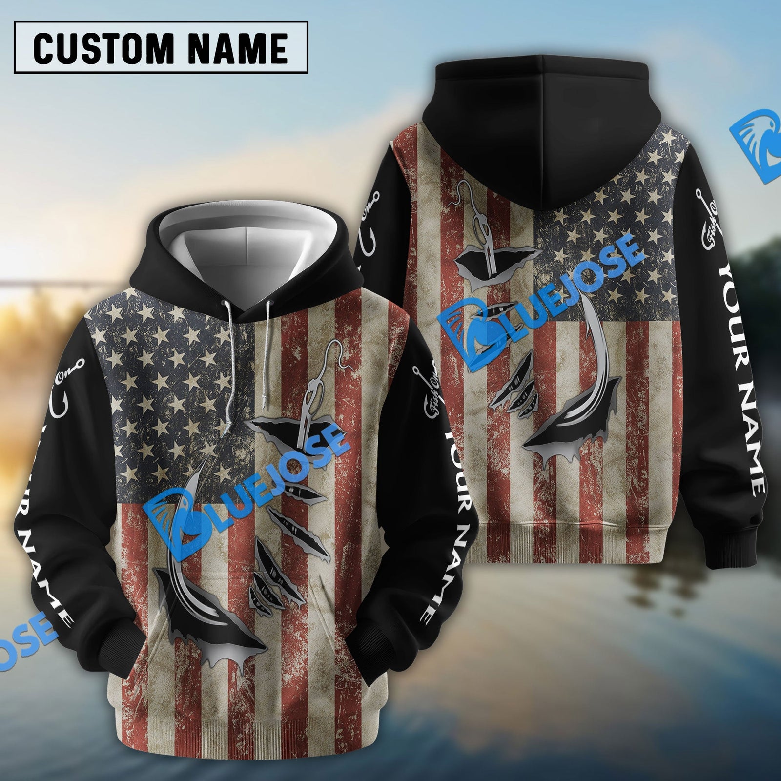 Bluejose Us Fishing 3D Fish Hook American Flag Patriotic Fish On Quick Dry Customize Name Long Sleeves Shirts