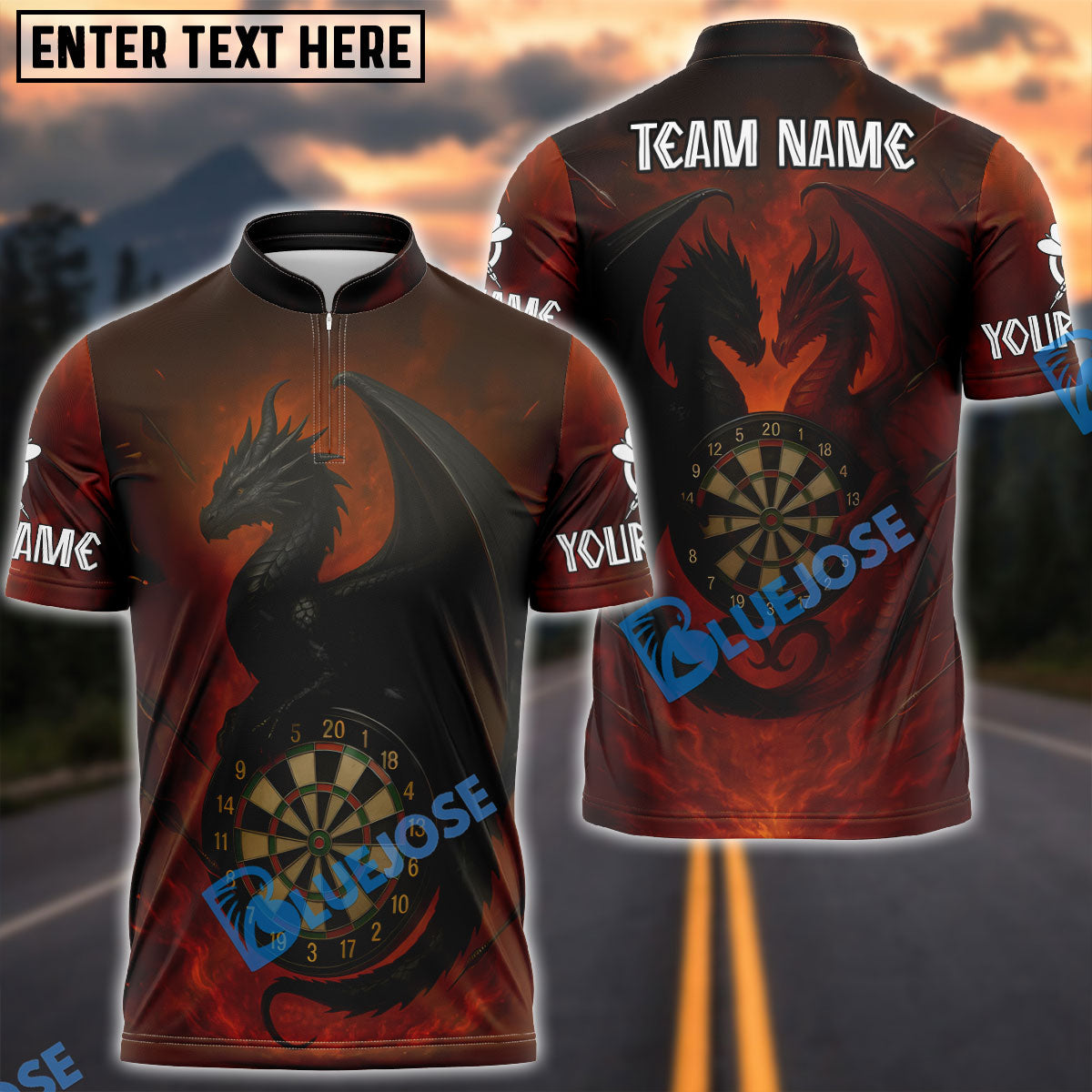 BlueJose Darts Dark Twin Dragon Fantasy Style Personalized Name, Team Name Shirt (4 Colors)