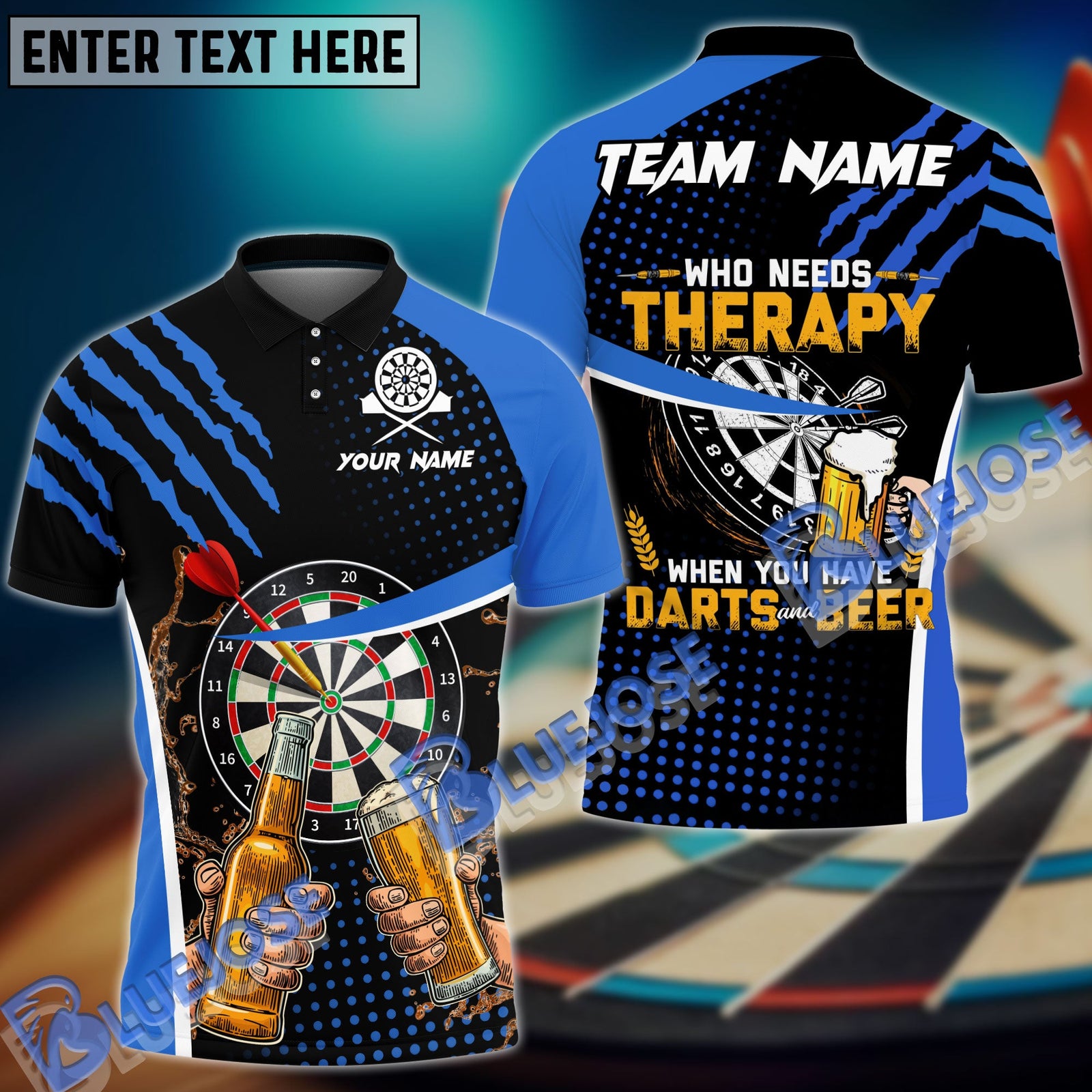 BlueJose Darts And Beer Therapy Personalized Name, Team Name Shirt (4 Colors)